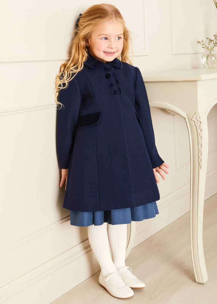 Navy Blue Single Breasted Scallop Detail Coat for Kids (12 Months to 10 Years) - Perfect for School, Parties, and Special Occasions