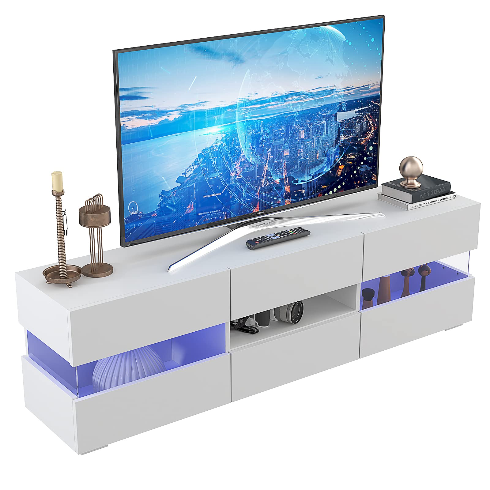YAOHUOO Modern LED TV Stand with Visual Shelves - 70 Inch Entertainment Center for Living Room, Gaming Room & Bedroom - White Media Console with Ambient Lighting for Home Theater Setup