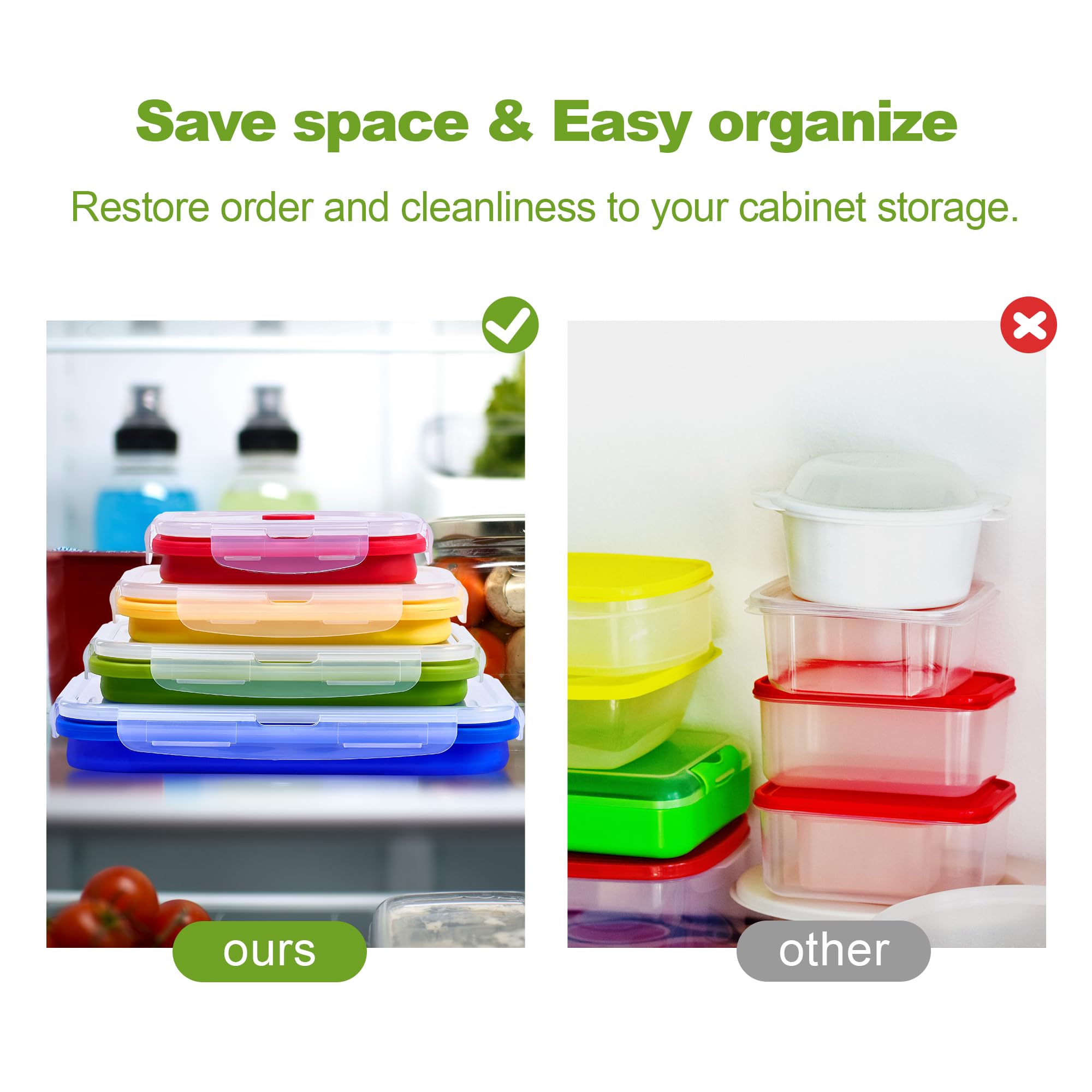 4-Pack Collapsible Silicone Food Storage Containers - BPA-Free, Microwave, Dishwasher & Freezer Safe - Space-Saving Foldable Design for Meal Prep, Leftovers, Bento Lunch Boxes & Kitchen Organization - Perfect for Home, Office & Picnics