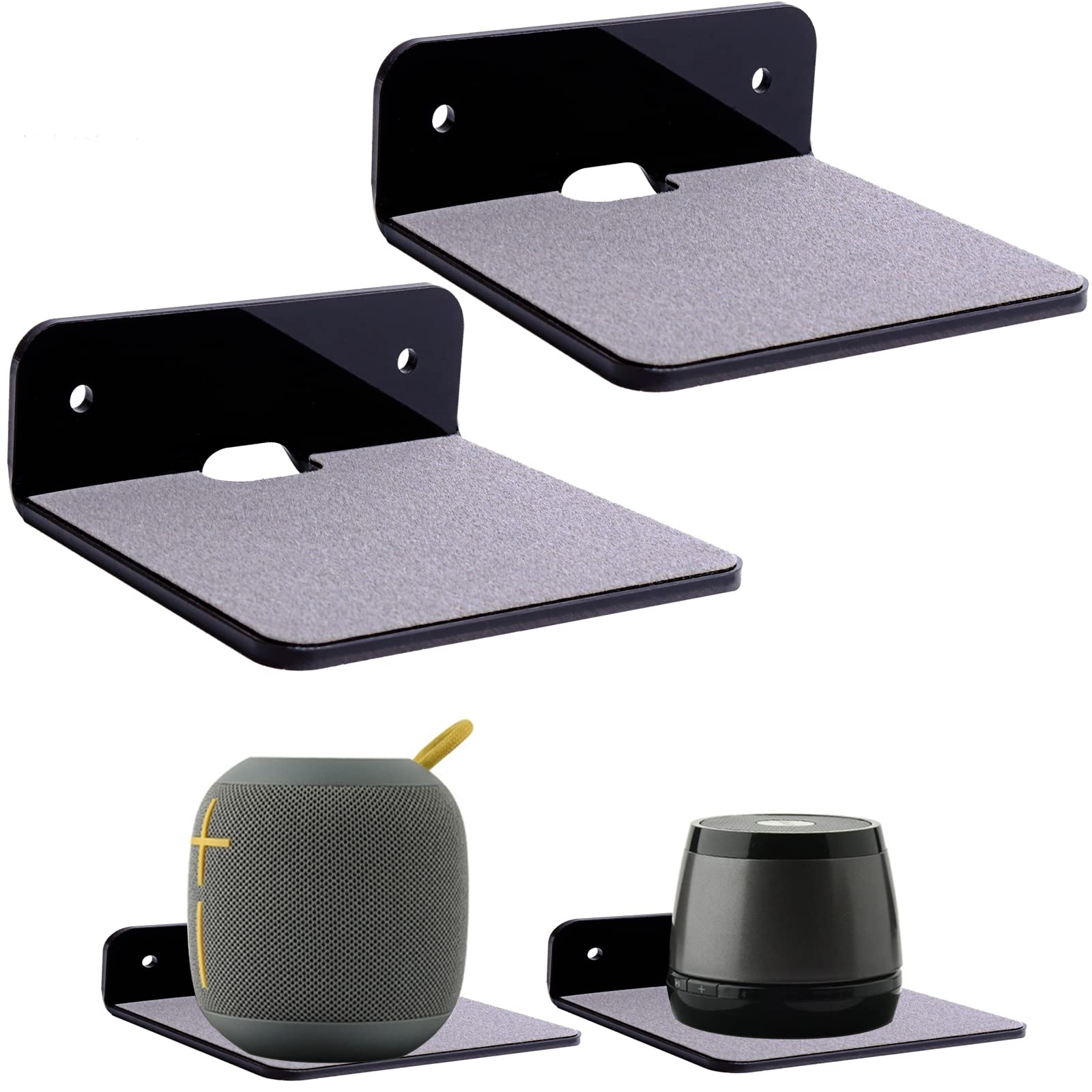 AOFETE Acrylic Floating Wall Shelf Speaker Stand - Expand Wall Space, Small Display Shelf for Webcam, Speaker, Cell Phone, Mesh Router, Action Figures with Cable Clips - Perfect for Home Office, Gaming Setup & Decor (Black, 2 Pack)