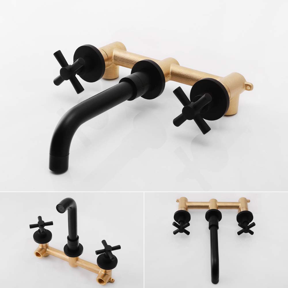 Copper Cross Handle Wall Mount Bathroom Sink Faucet - Matte Black Mixer Tap with Casting Faucet Valve (Model DR-4831B) for Modern Bathroom, Powder Room, and Guest Bath Decor