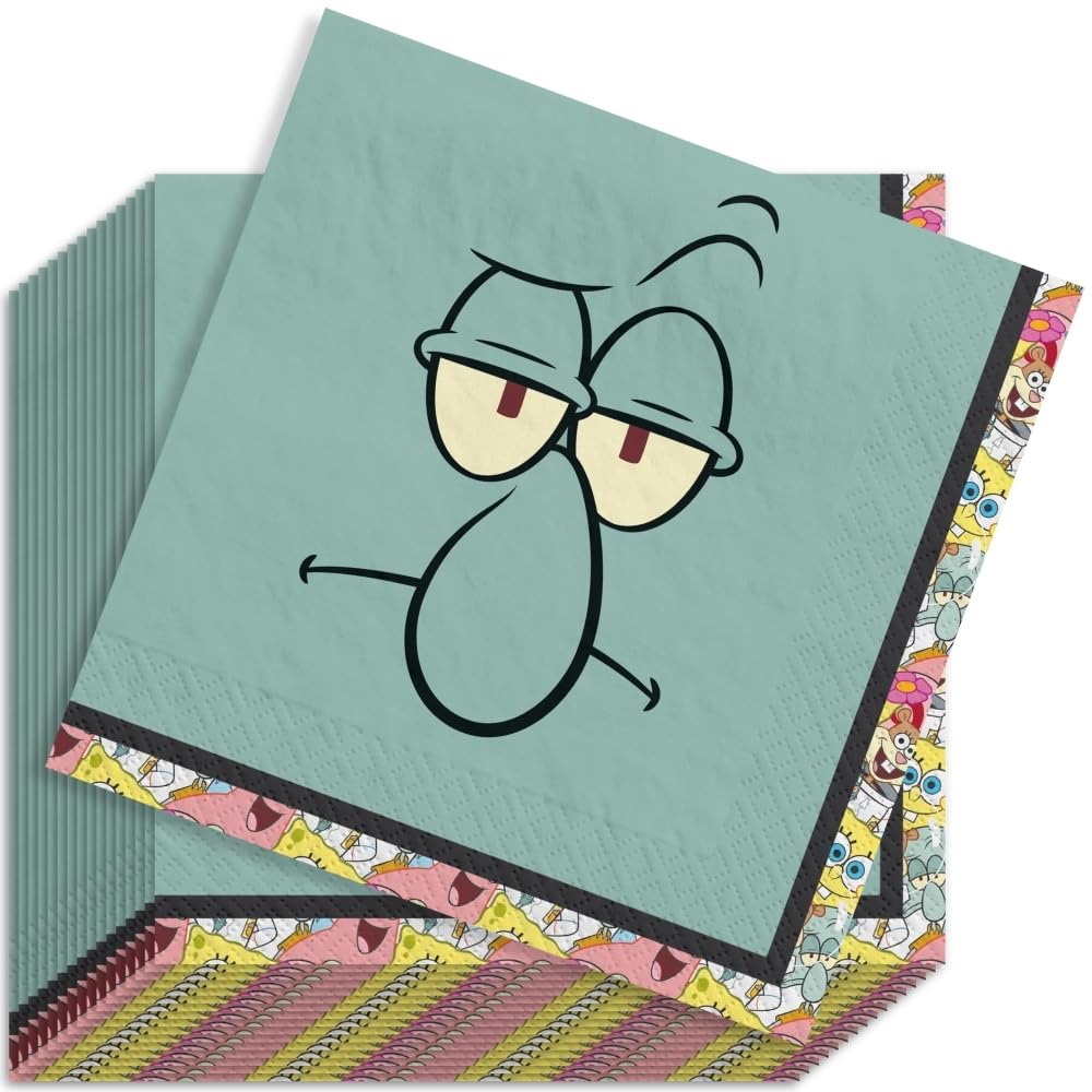 Spongebob Squarepants Birthday Party Napkins - 7 Inch Green Luncheon Napkins for Kids | Squidward Themed Paper Napkins for Birthday Parties, Baby Showers & Themed Events