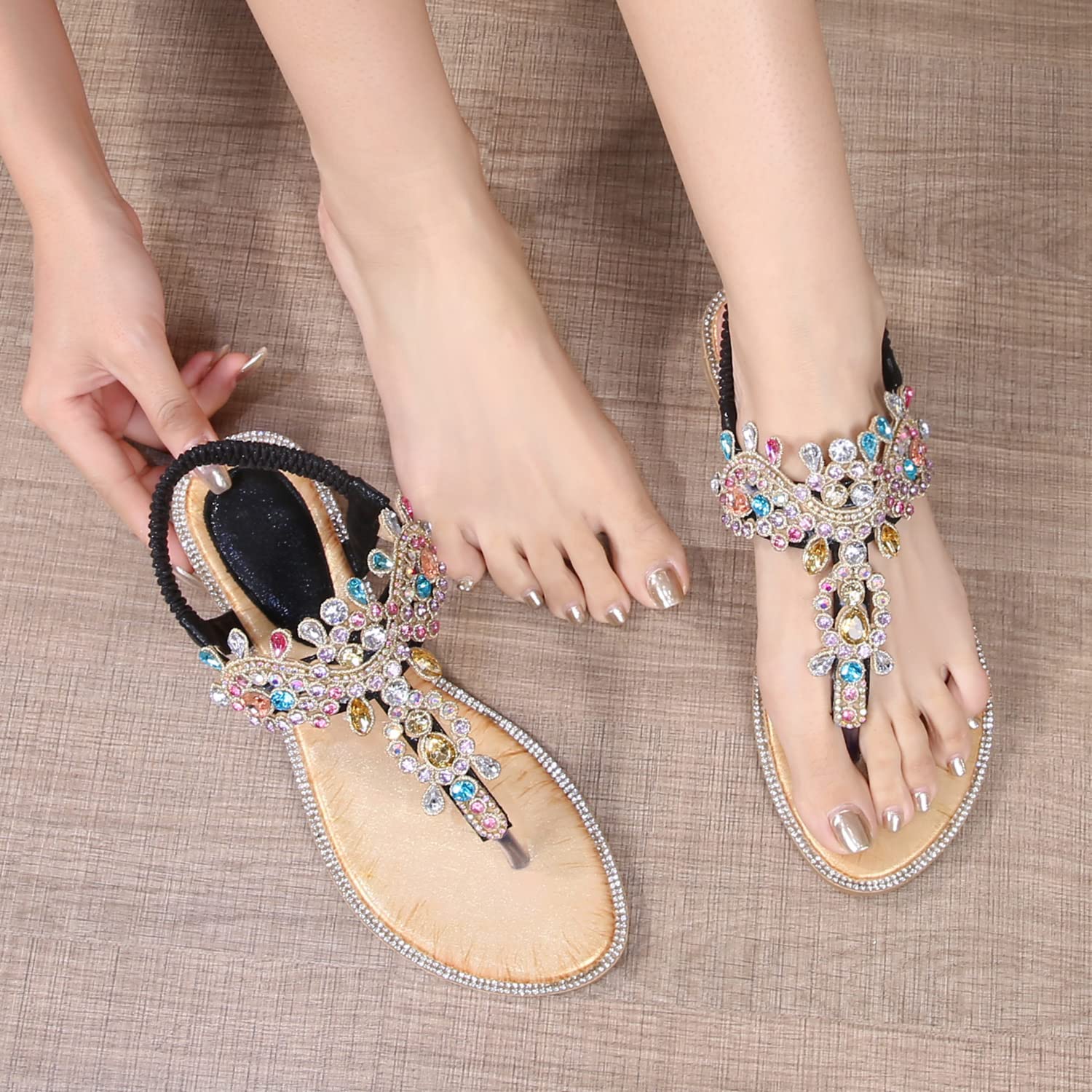 iCKER Women's Bohemian Beaded Flat Sandals - Rhinestone Leather Thong Sandals for Ladies | Perfect for Beach, Vacation, and Summer Outfits