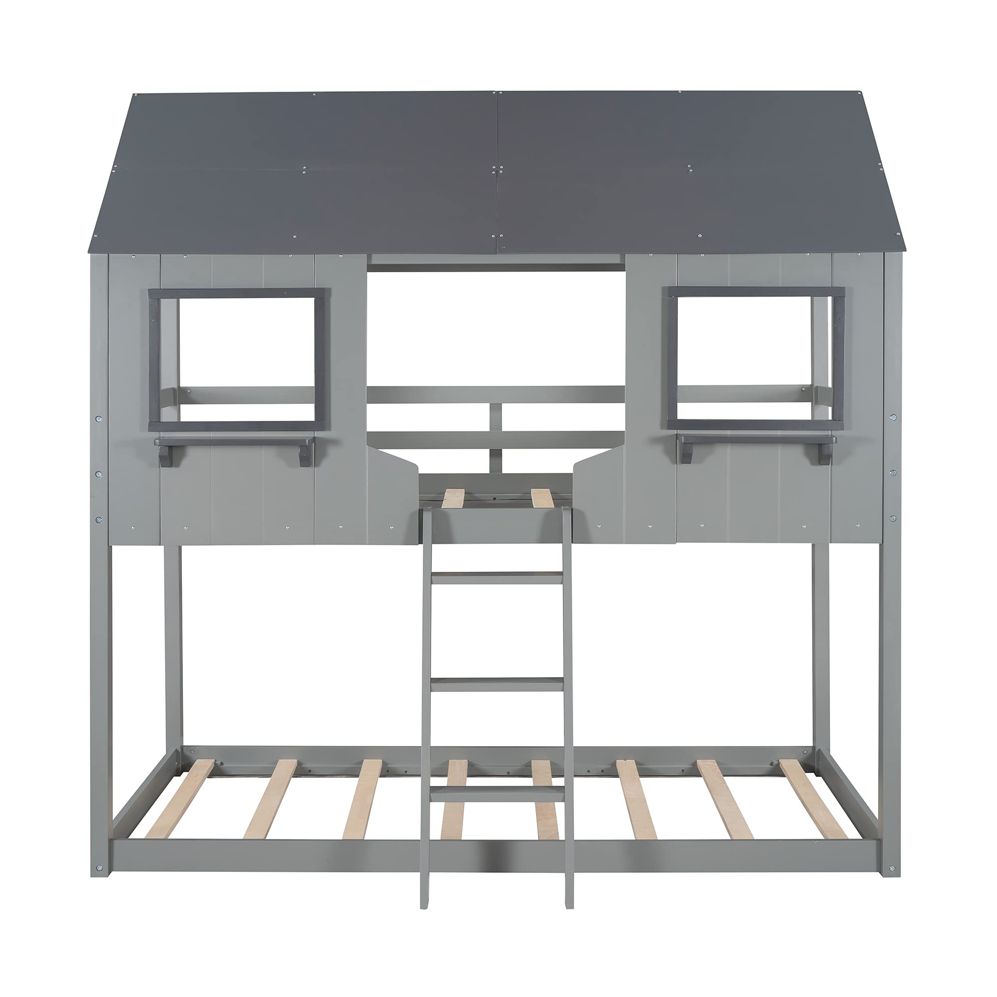 LZ LEISURE ZONE Twin Over Twin Wood Bunk Bed Frame with Roof, Window, Guardrail & Ladder - Dark Grey | Space-Saving Kids Bedroom Furniture for Small Rooms, Sleepovers & Shared Sibling Rooms
