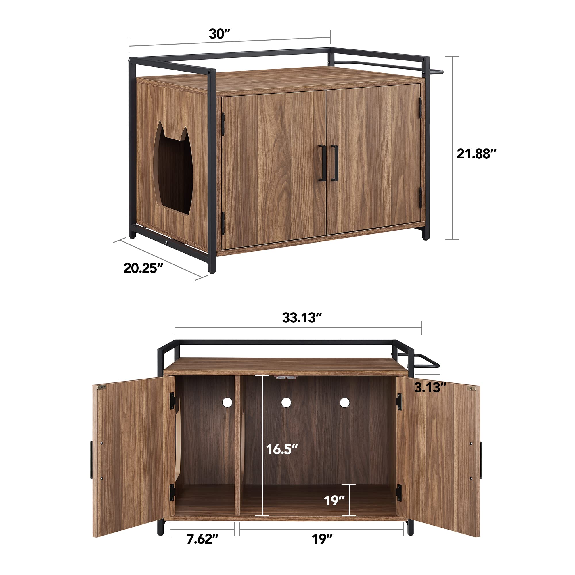 Hidden Cat Litter Box Furniture with Ventilation & Bench Seat - Sturdy Iron & Wood Pet Crate in Rustic Walnut - Discreet Litter Box Enclosure for Living Room or Bedroom