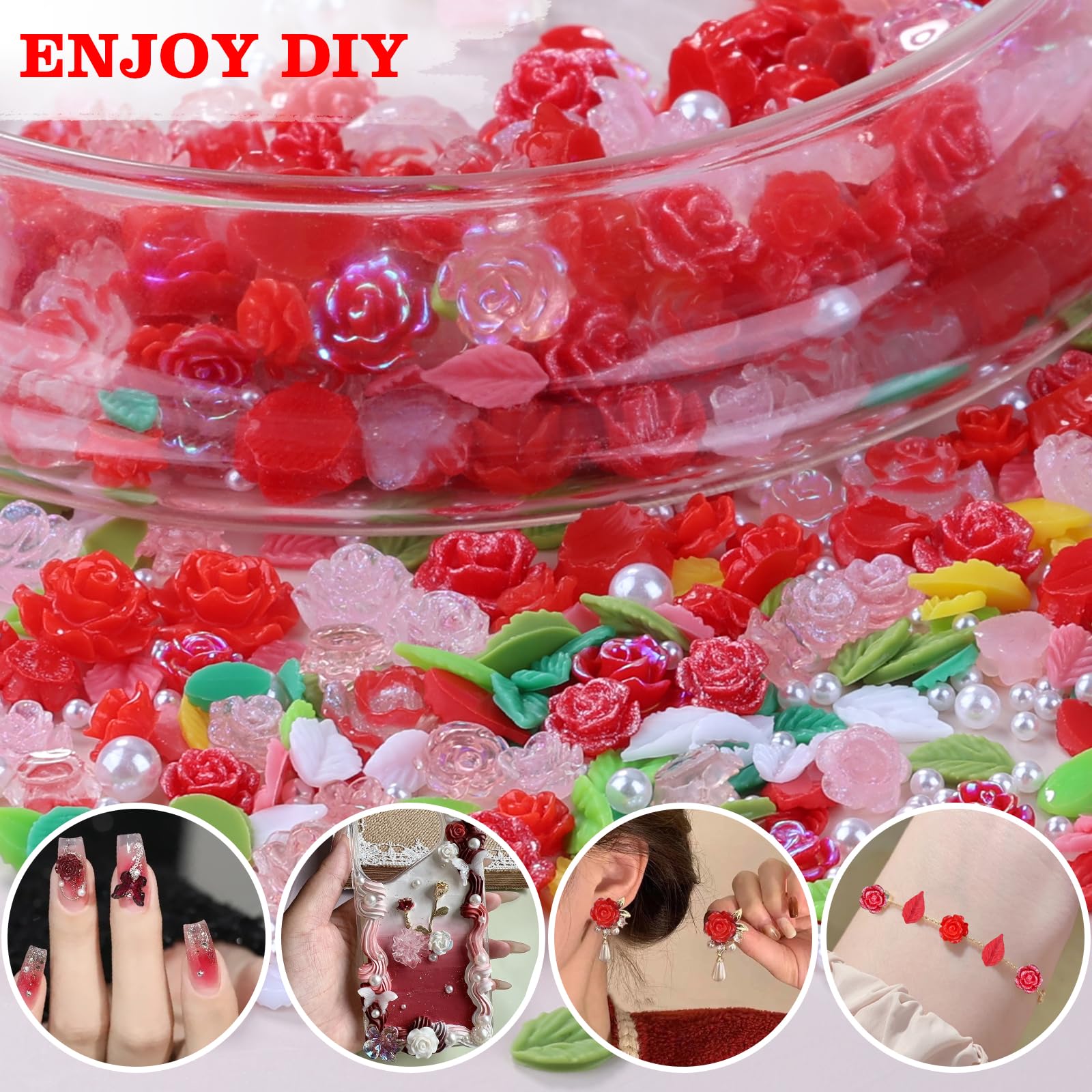 400Pcs 3D Camellia Flower Nail Charms - Pink Rose Floral Nail Gems with White Pearls for Acrylic Nails | DIY Nail Art Accessories for Women | Perfect for Bridal, Party & Salon Nail Designs (Red)