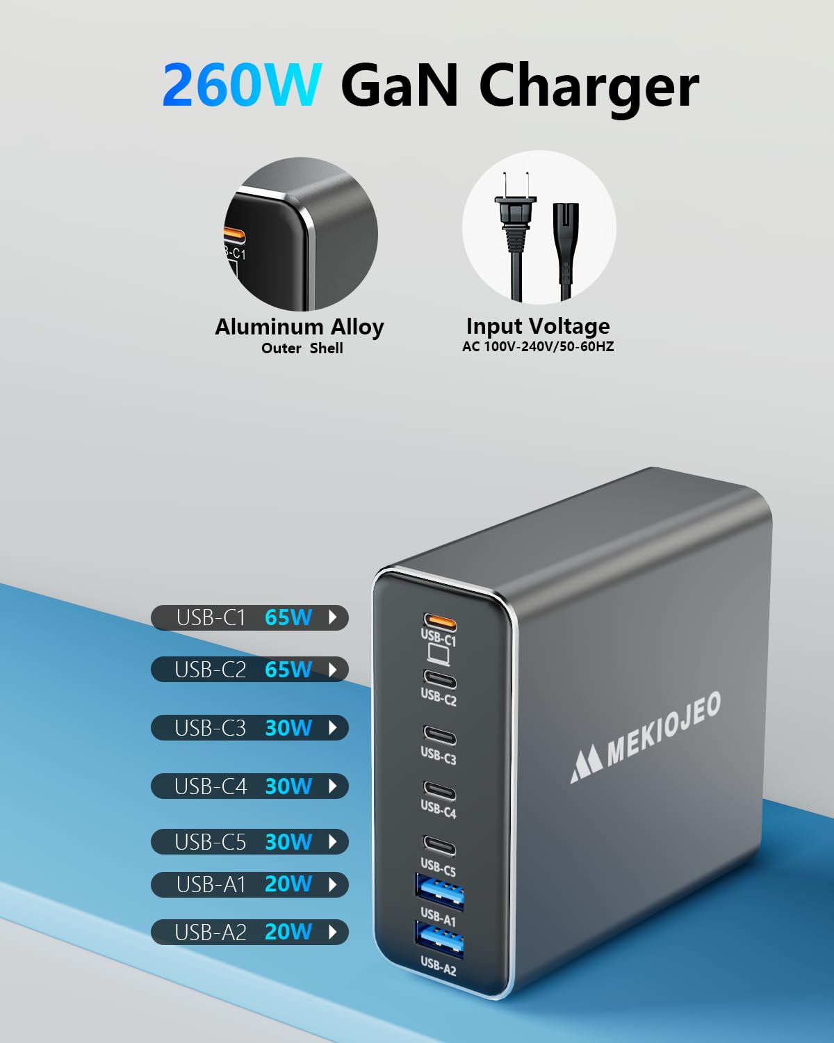 260W GaN Fast Charger Station - 7 Port USB C Charger with 65W Laptop Charging | Aluminum Alloy Design for MacBook Pro/Air, iPad Pro, iPhone | Perfect for Home, Office & Travel (Grey)