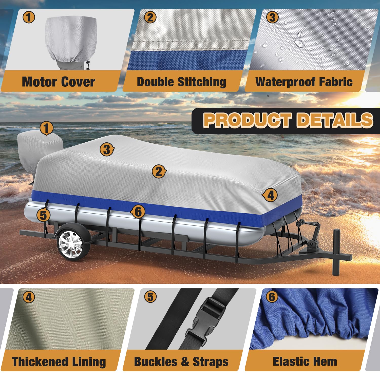Heavy Duty 800D Marine Grade Waterproof Pontoon Boat Cover with Motor Cover - UV Resistant Solution-Dyed Polyester - Fits 25' to 28' Boats (Blue-Silver) - Perfect for Outdoor Storage & Dock Protection