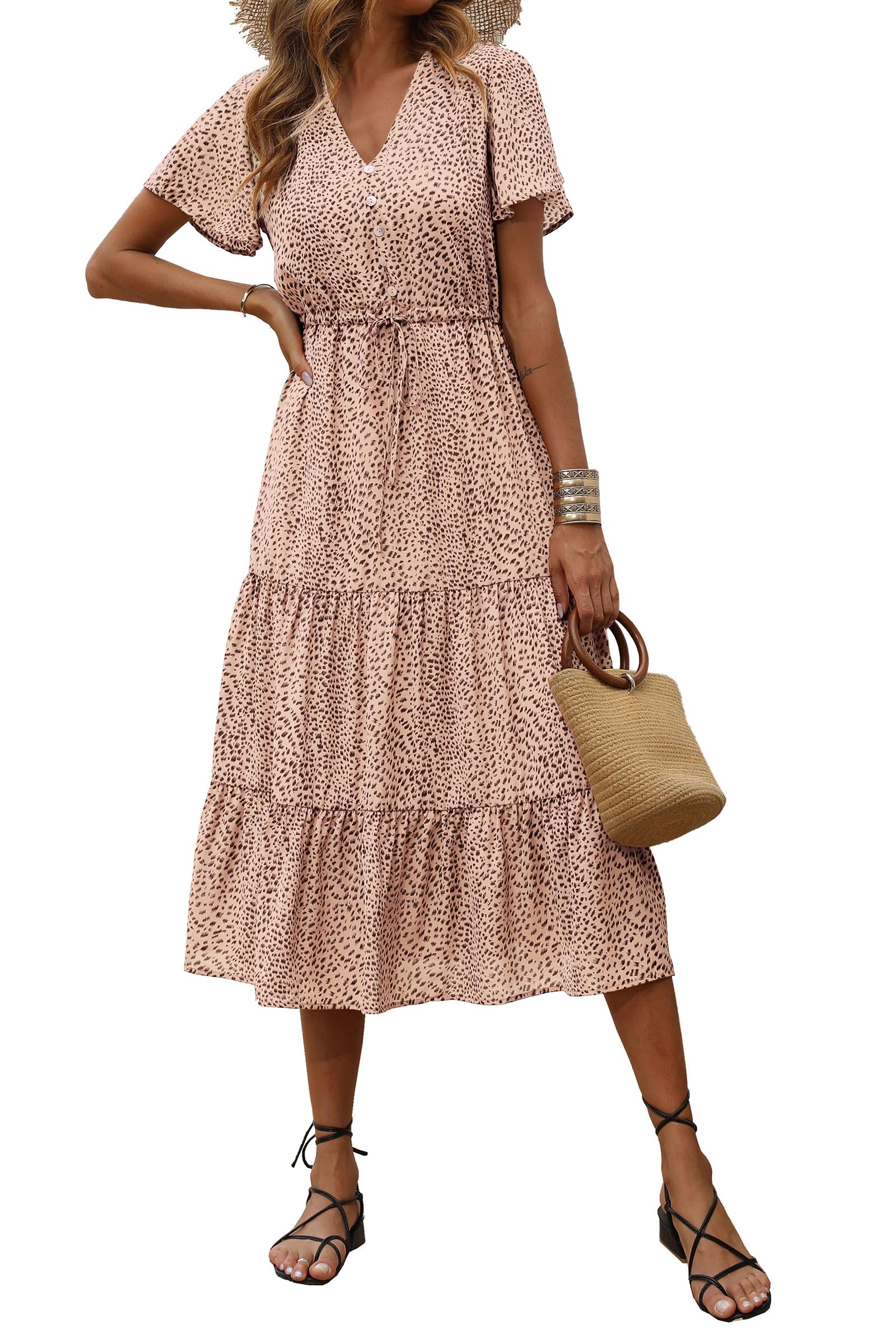 PRETTYGARDEN Women's Floral Boho Maxi Dress - Short Sleeve V-Neck Ruffle Tiered Summer Swing Dress for Beach, Vacation & Casual Outings