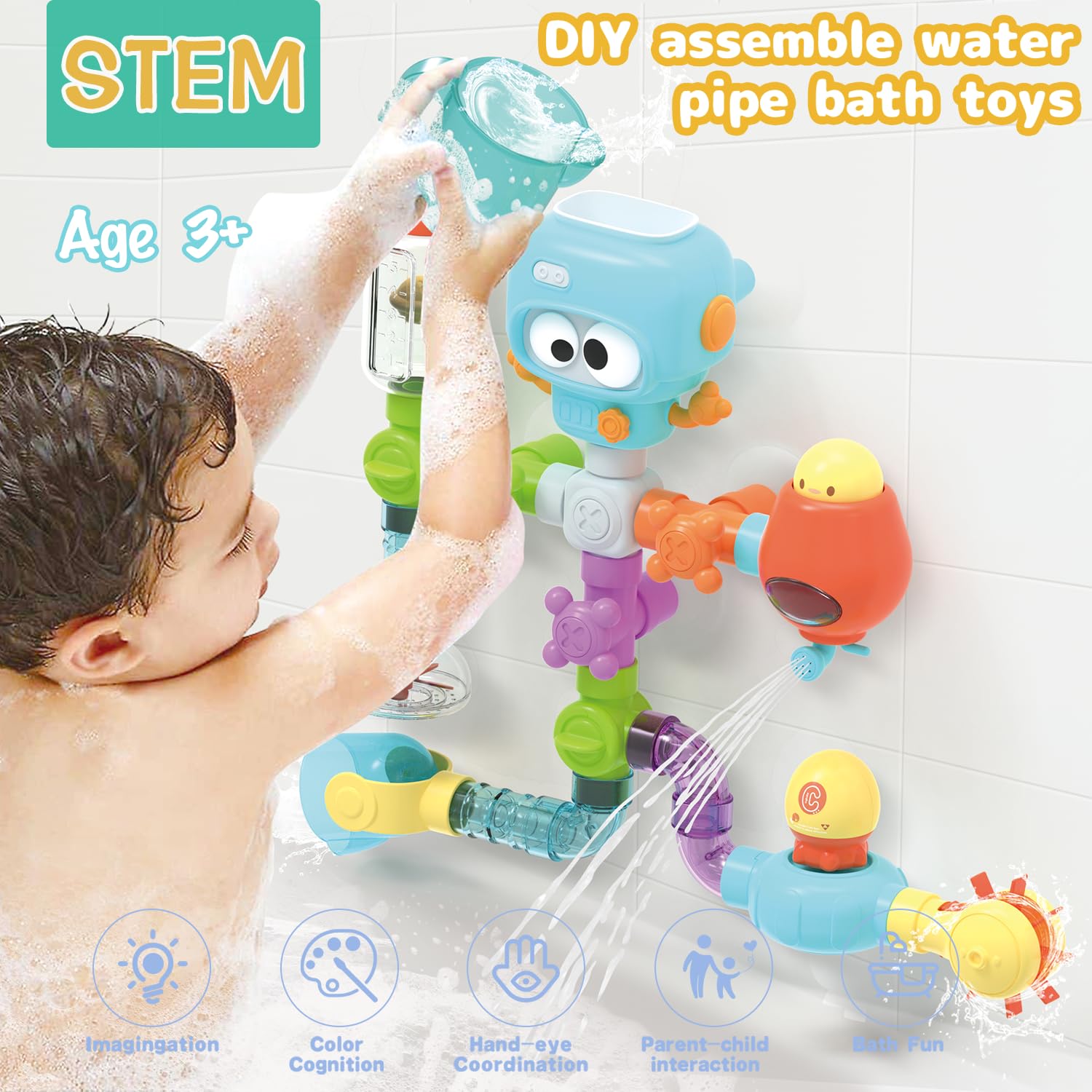 STEM Educational Bath Toys for Kids Ages 3-8 | 27-Piece DIY Water Pipe Building Kit | Mold-Free Bathtub Wall Toys | Engineering Learning Gift for Toddlers | Perfect for Bath Time Play & Early STEM Development