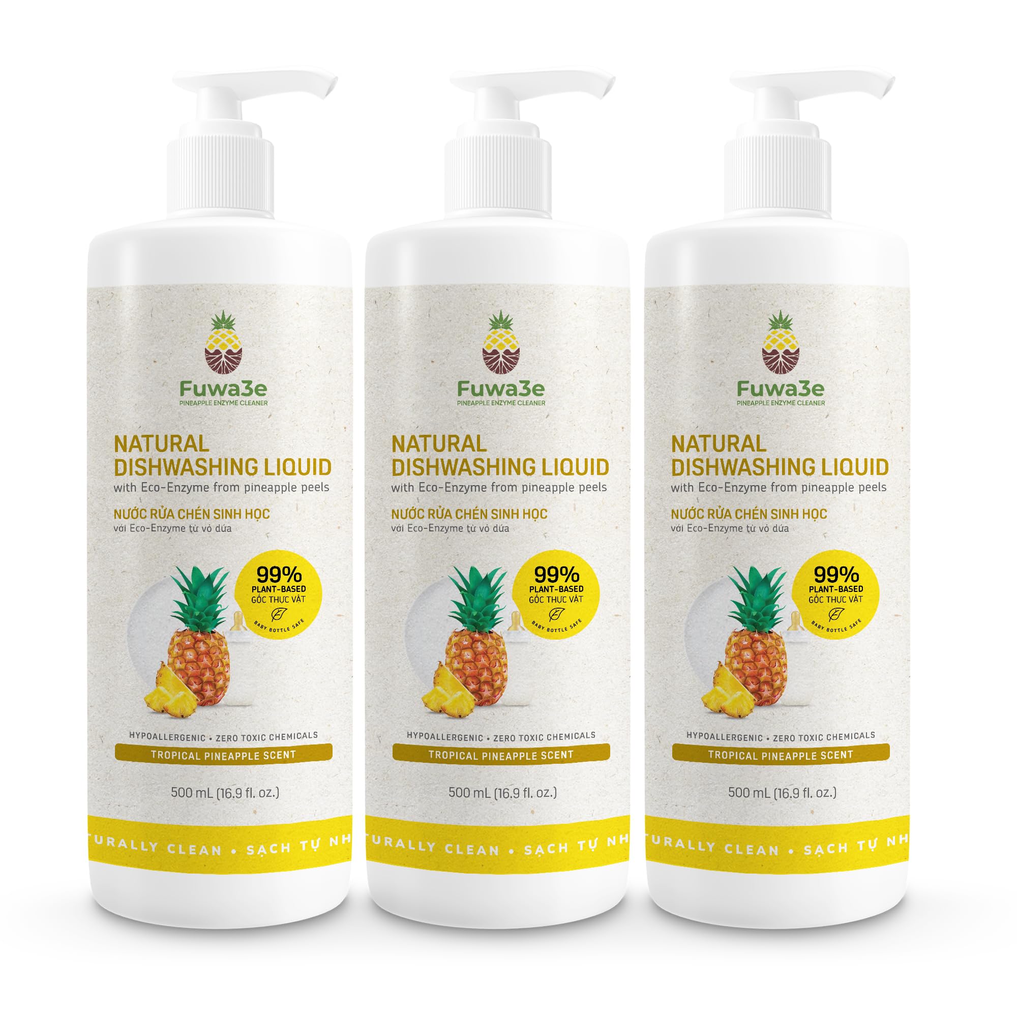 Fuwa3e Pineapple Enzyme Dish Soap - 16.9oz 3 Pack, Plant-Based & Hypoallergenic for Gentle Cleaning