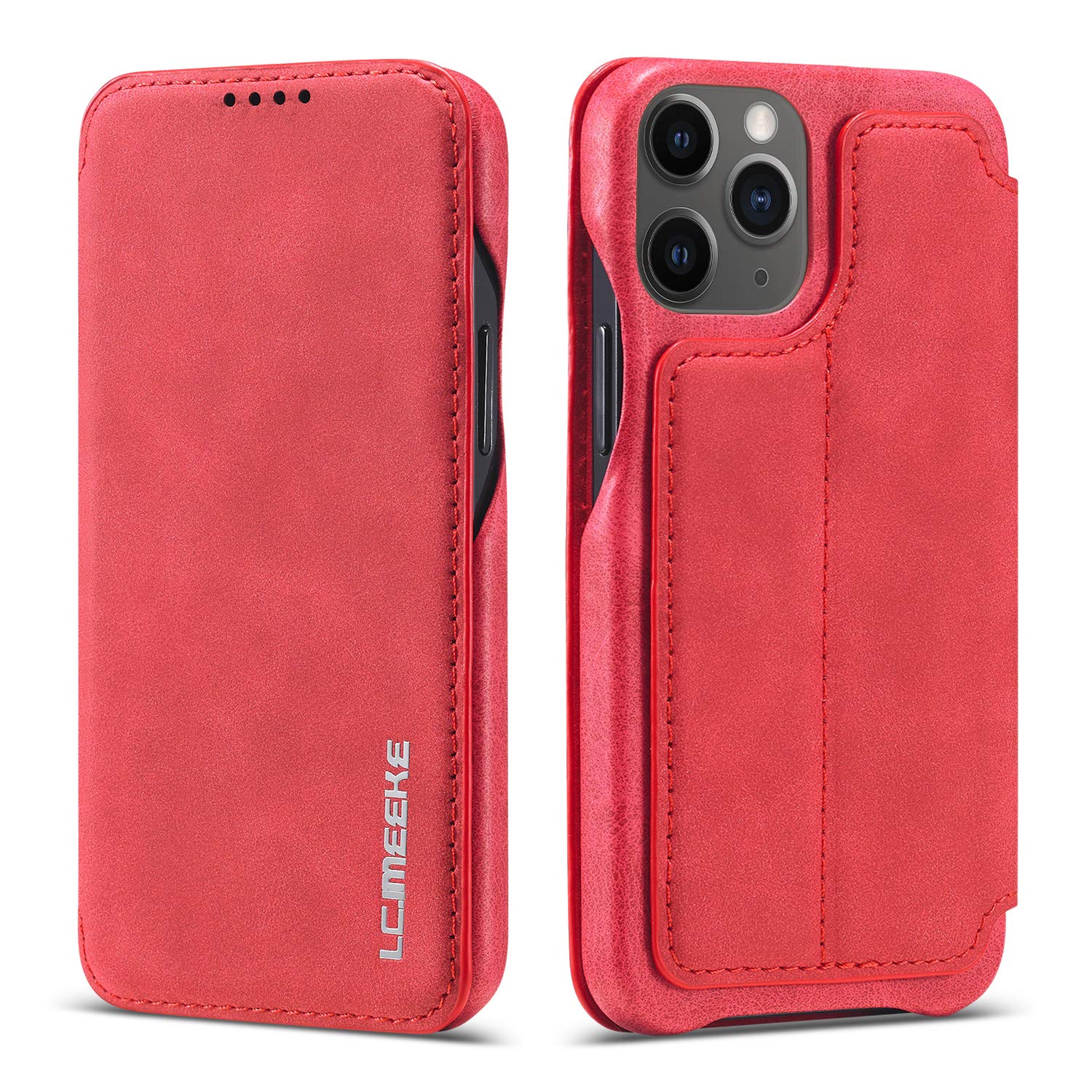 Vintage Slim PU Leather Wallet Case for iPhone 12 Mini (5.4 inch) - Shockproof Protective Cover with Credit Card Holder & Kickstand - Classic Red Design for Daily Use & Travel