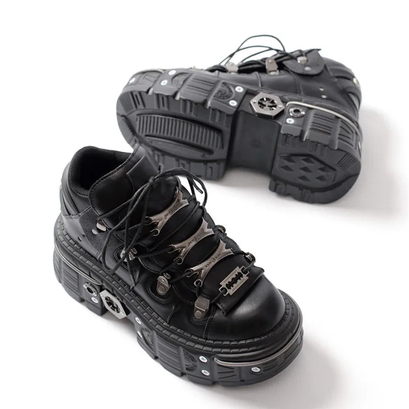 Gothic Punk Platform Sneakers for Women - Lace Up Round Toe Shoes with Metal Decorations & Thin Heels | Perfect for Nightclubs, Parties & Alternative Fashion Outfits