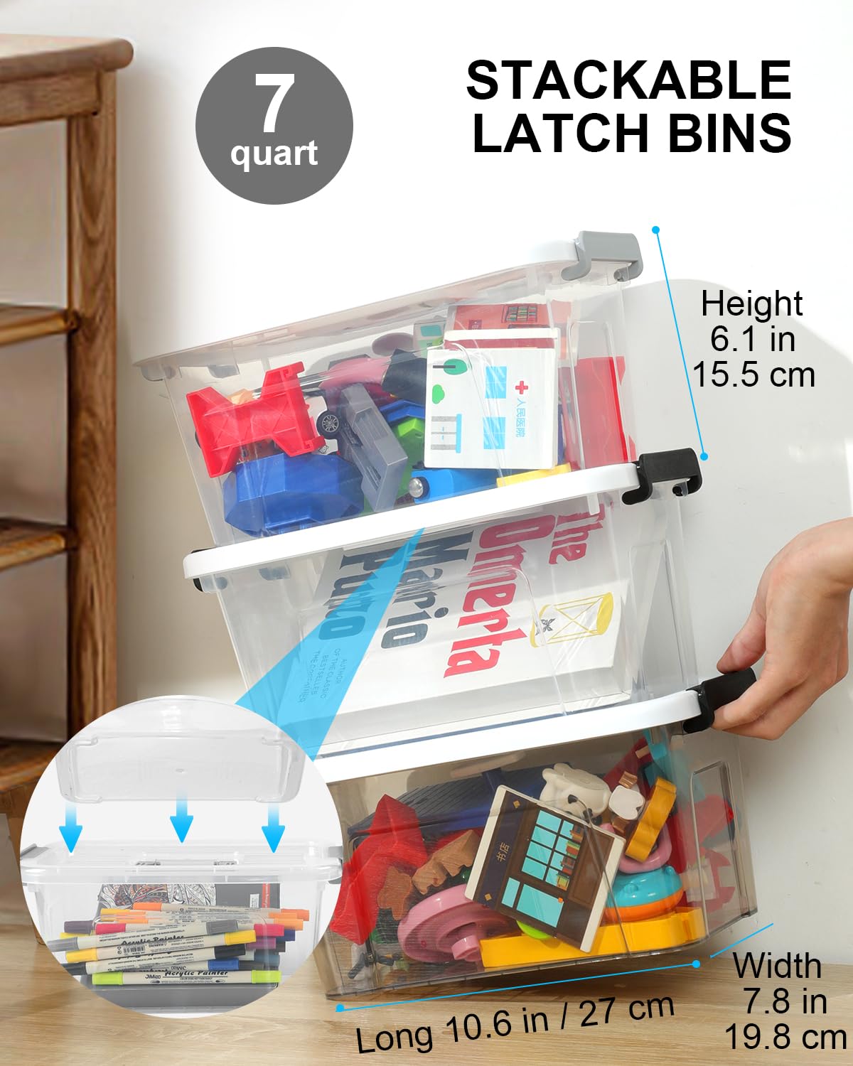 7 Quart Plastic Storage Bins with Lids - 6 Pack BPA-Free Stackable Latching Containers with Grey Handles for Home, Office, Kids Room, Closet & School Organization - Perfect for Art Supplies, Toys, Documents & Household Storage