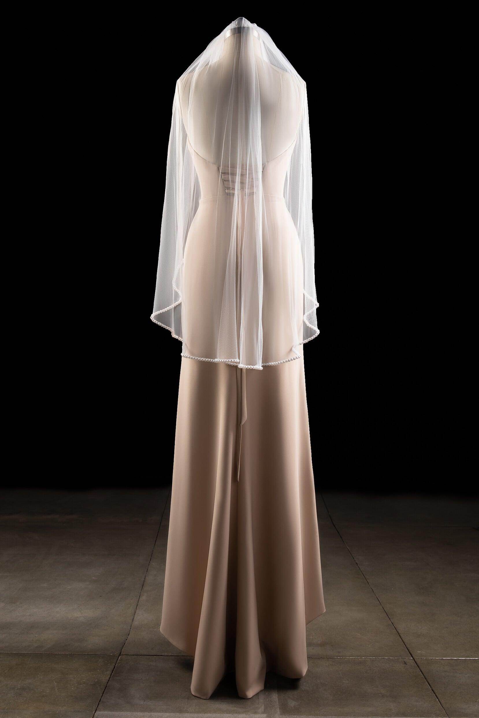 Elegant One-Tier Pearl Trim Edge Tulle Wedding Veil with Beading (CV0283) – Perfect for Bridal Accessories, Ceremonies & Special Occasions
