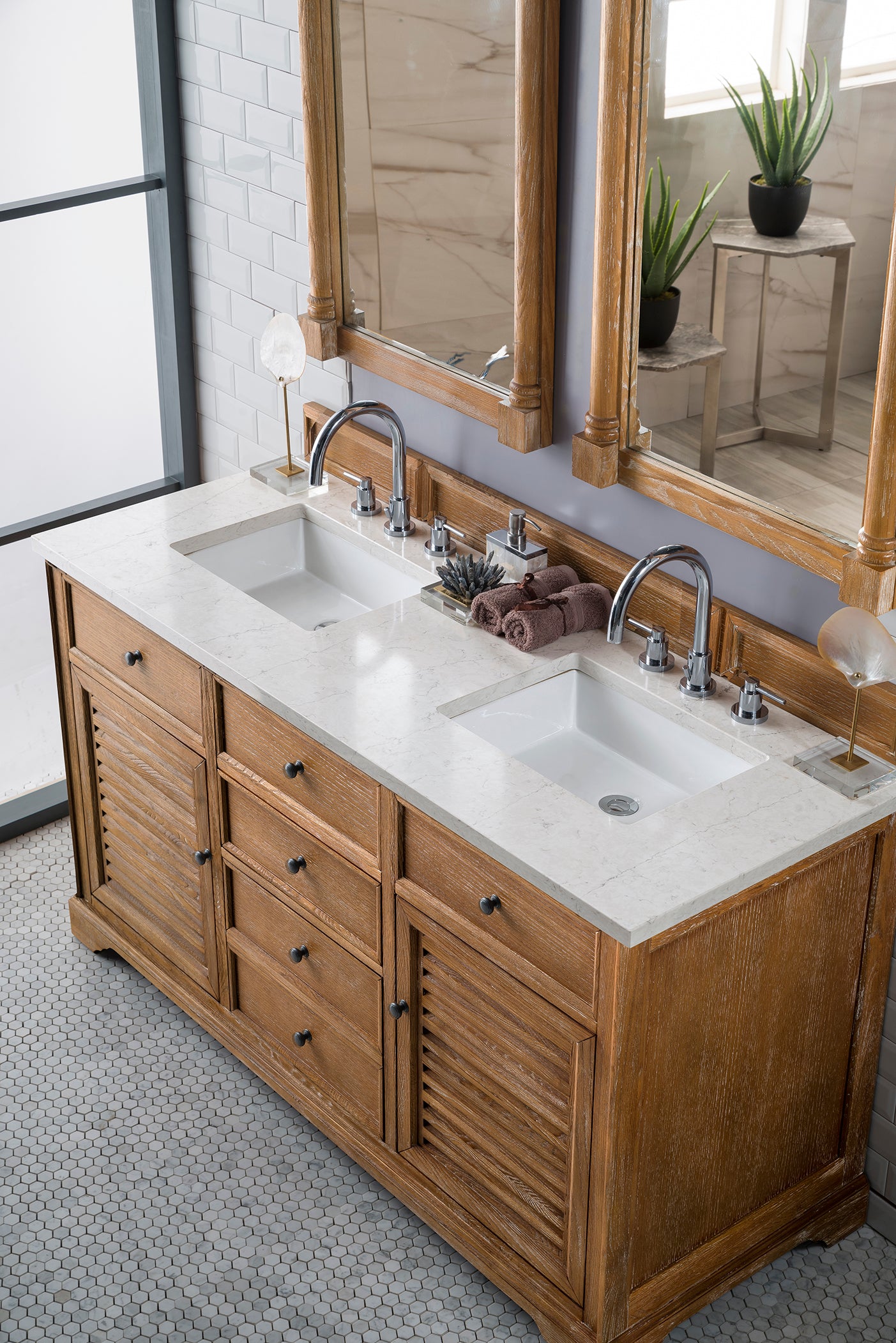 Savannah 60 Inch Double Vanity Cabinet in Driftwood Finish with 3CM Eternal Jasmine Pearl Quartz Countertop - Perfect for Bathroom Remodeling and Modern Home Decor