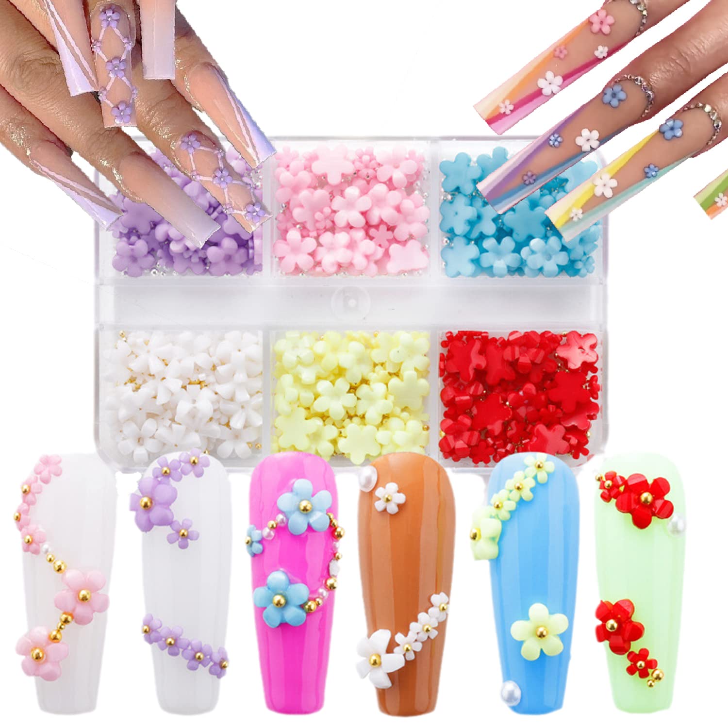 **Gold & Silver Caviar Beads & Flower Nail Charms – 6 Grids Acrylic Floral Nail Art Designs with Metal Balls & Cherry Blossom Studs – DIY Manicure Decoration for Spring & Summer Nails – Perfect for Salon, Home Nail Art, and Party Glam**