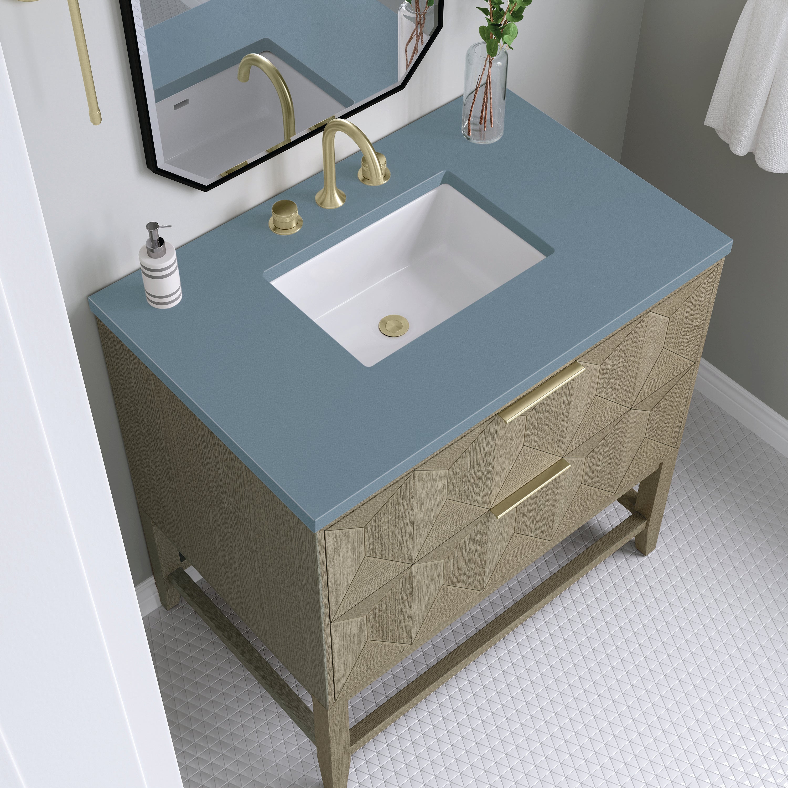 Emmeline 36 Inch Single Bathroom Vanity with Pebble Oak Finish & 3CM Cala Blue Stone Top - Perfect for Modern Home Bathroom Renovation and Small Space Design