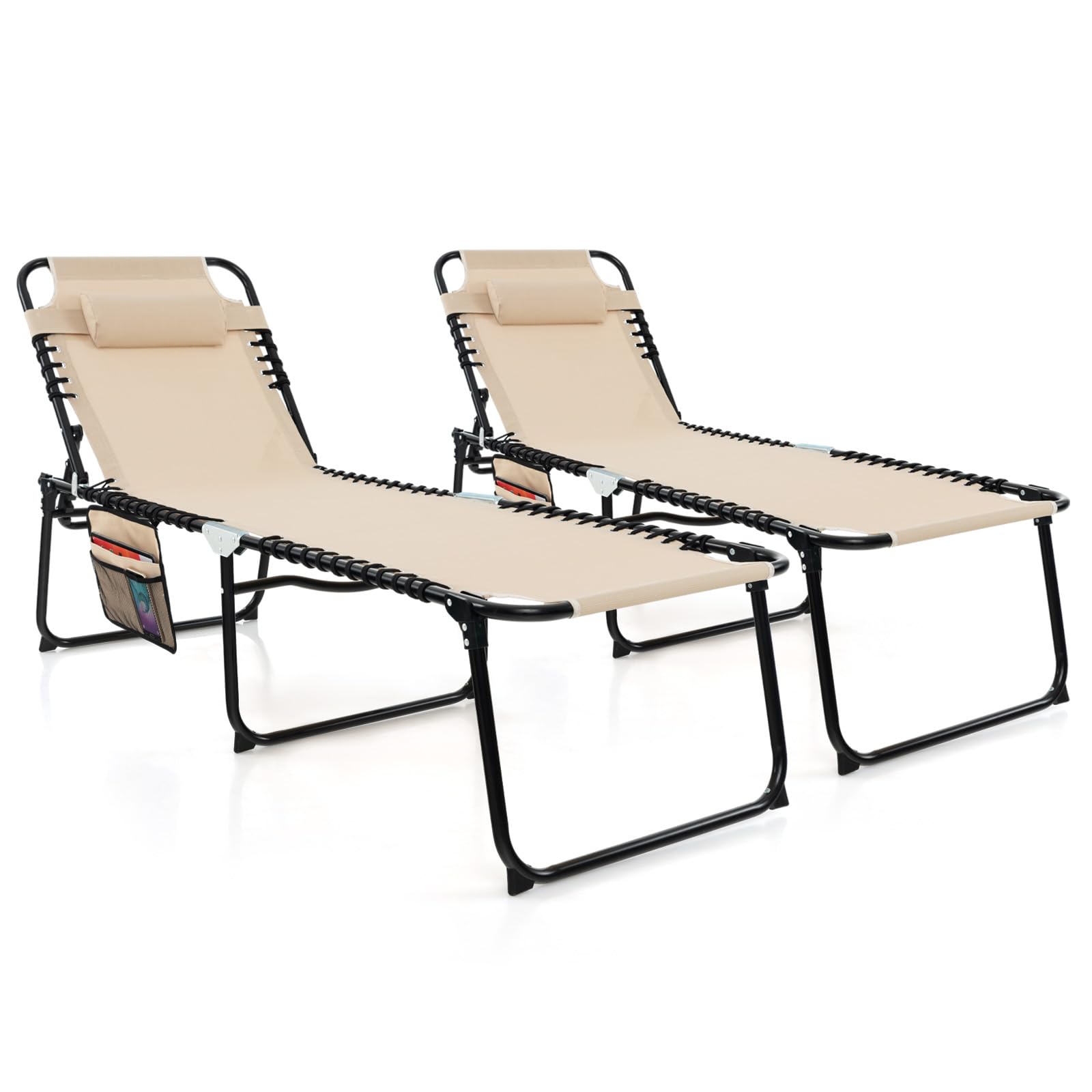 Giantex 2-Pack Folding Patio Lounge Chairs with Headrest - Adjustable Tanning Chairs for Outdoor, Poolside & Beach - 4-Position Recliner with Side Pocket - Perfect for Sunbathing, Camping & Backyard Relaxation - Beige