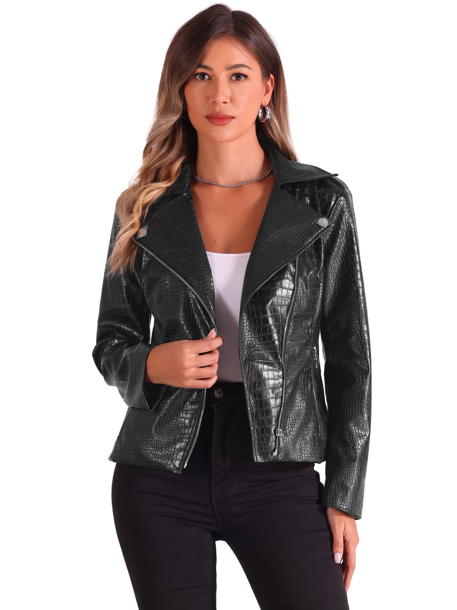 Allegra K Women's Classic Faux Leather Moto Jacket - PU Biker Coat with Zip Up Closure | Stylish Outerwear for Casual Wear, Night Out & Motorcycle Riding