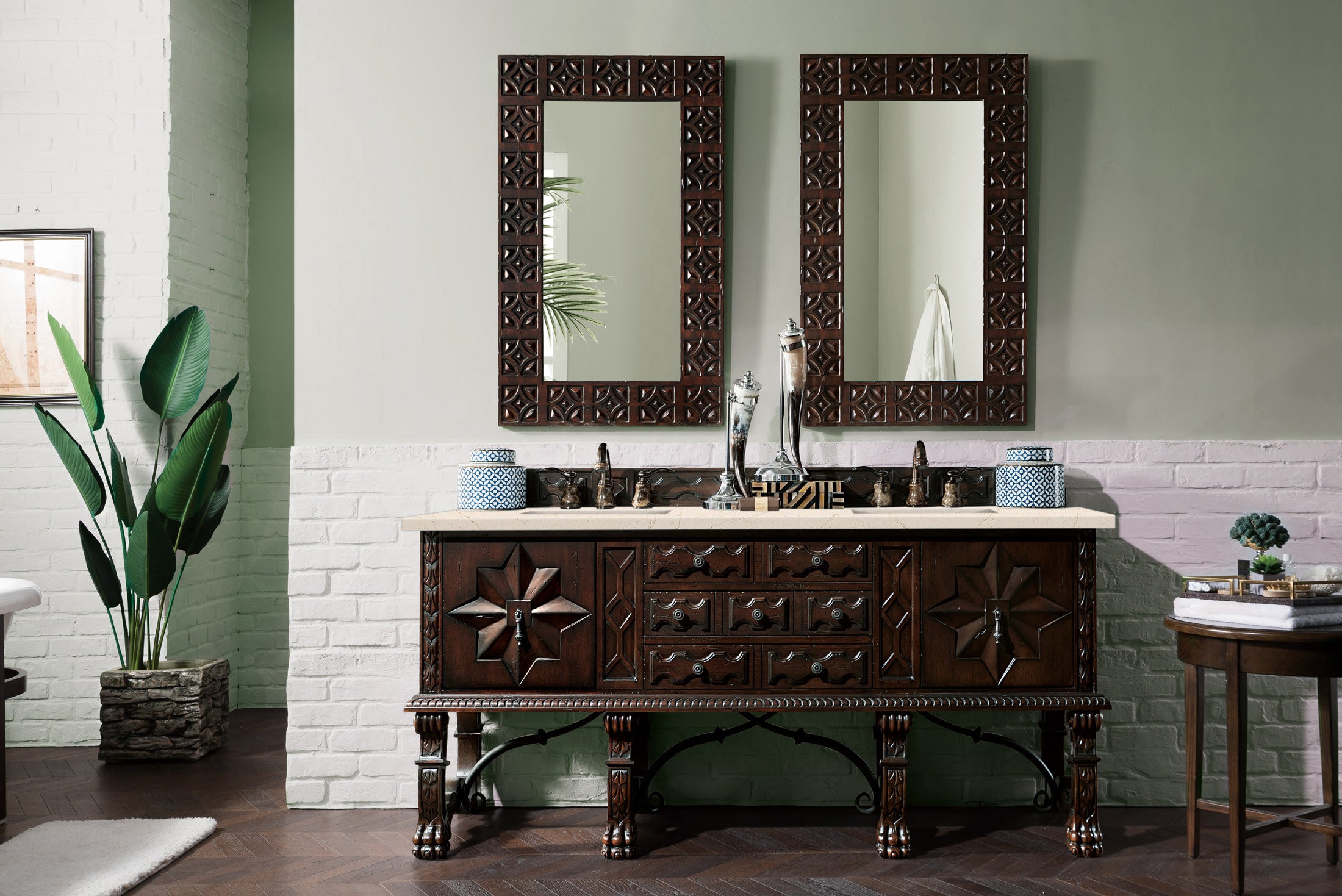 Balmoral 72 Inch Double Vanity Cabinet with 3CM Eternal Marfil Quartz Top - Antique Walnut Bathroom Vanity for Master Bath & Guest Bathroom Remodel