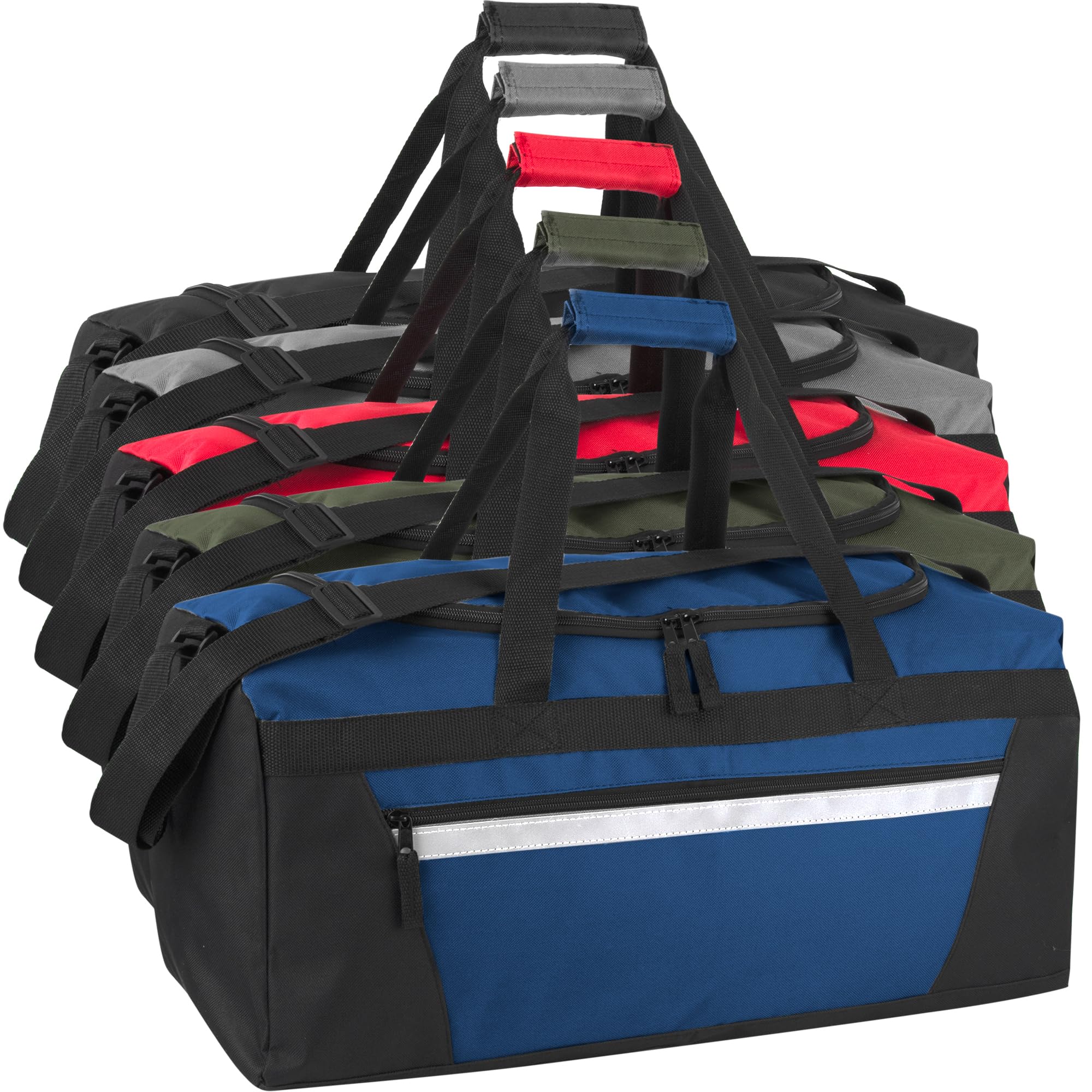 24 Pack Reflective Duffle Bags Bulk - Waterproof Travel Duffel for Homeless Adults, Gym, Sports & Foster Kids - Durable Wholesale Duffel Bags for Men (Assorted Colors) - Perfect for Emergency Kits, Shelter Donations & Workout Gear Storage