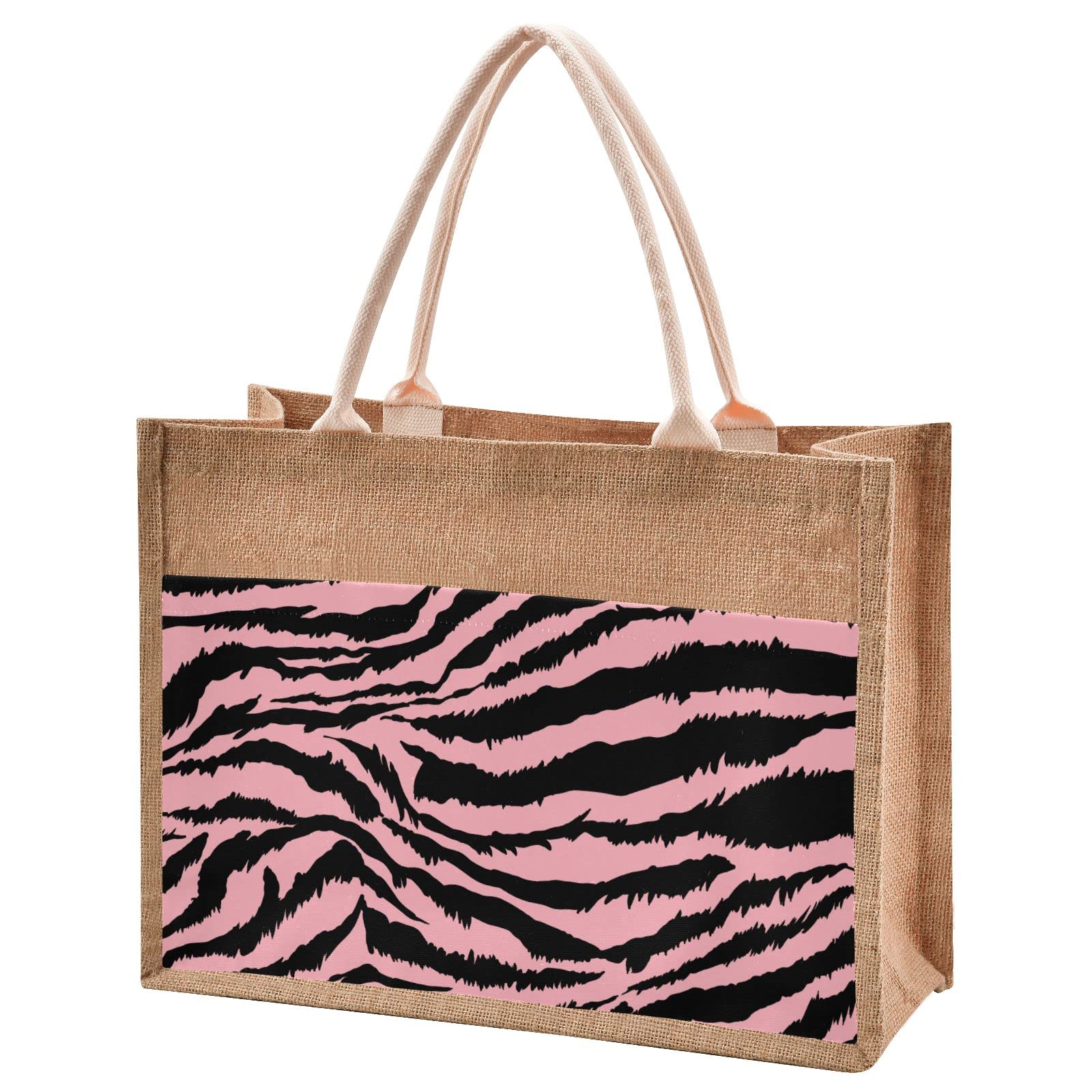 Eco-Friendly Zebra Print Jute Tote Bag - Waterproof Burlap Straw Grocery Shopping Bag for Beach, Travel & Daily Use | Reusable Sustainable Carryall for Women & Men