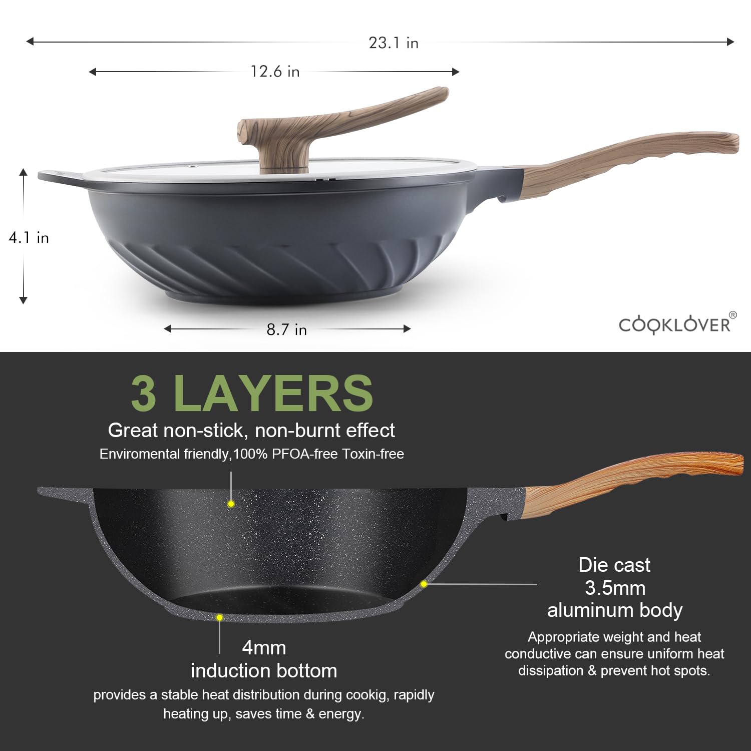 Nonstick Wok Pan 12.6 Inch - COOKLOVER Die-Cast Aluminum Stir Fry Pan with Glass Lid, PFOA-Free & Scratch Resistant, Induction Compatible (Slate Grey) - Perfect for Asian Cooking, Stir Frying, Sautéing & Home Kitchen Use