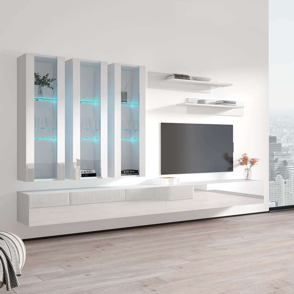 Modern Floating TV Stand with Storage & LED Lights - Wall-Mounted Entertainment Center for Bedroom & Living Room - White Meble Furniture Fly E3 30