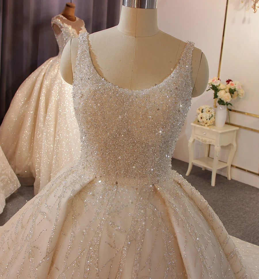 Elegant Beaded Sleeveless Ball Gown Wedding Dress - Luxury Bridal Gown with Full Crystal Embellishments for Bride, Prom, Quinceañera & Formal Events