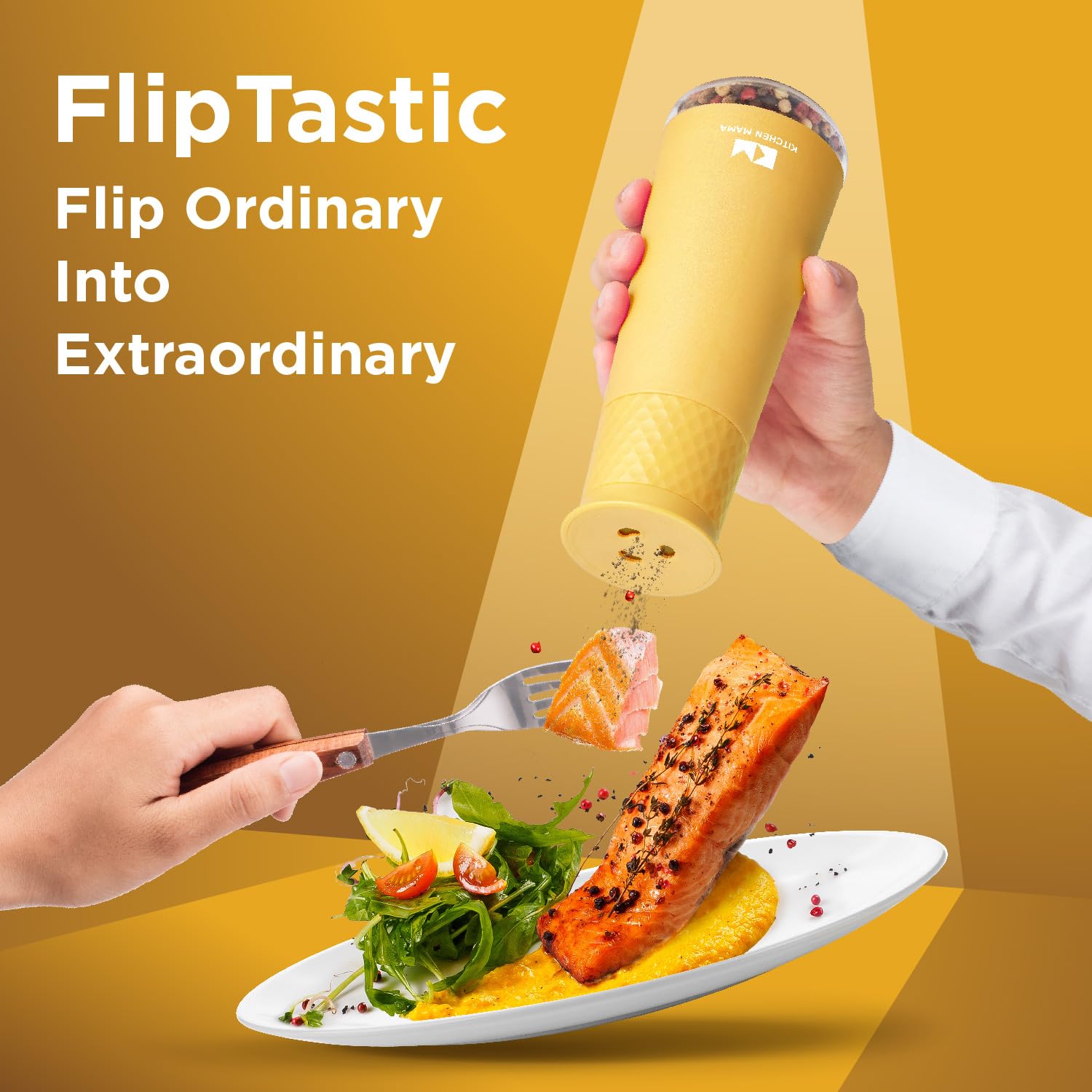 Rechargeable Electric Gravity Salt and Pepper Grinder - Adjustable Coarseness, One-Hand Operated, Refillable & Lightweight Spice Shaker Dispenser (Yellow) | Perfect for Kitchen, Dining Table, Camping & Outdoor Cooking