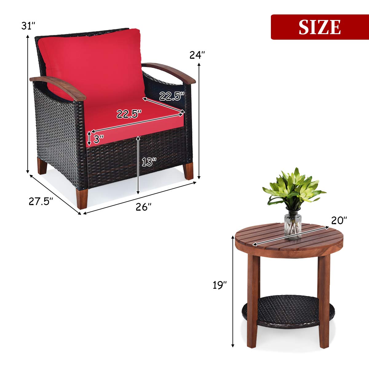 Tangkula 3-Piece Outdoor Patio Furniture Set - Rattan Sofa & Side Table with Solid Acacia Wood Frame, Heavy Duty Conversation Bistro Set with Washable Removable Cushions (Red) - Perfect for Garden, Backyard, Balcony and Poolside Relaxation
