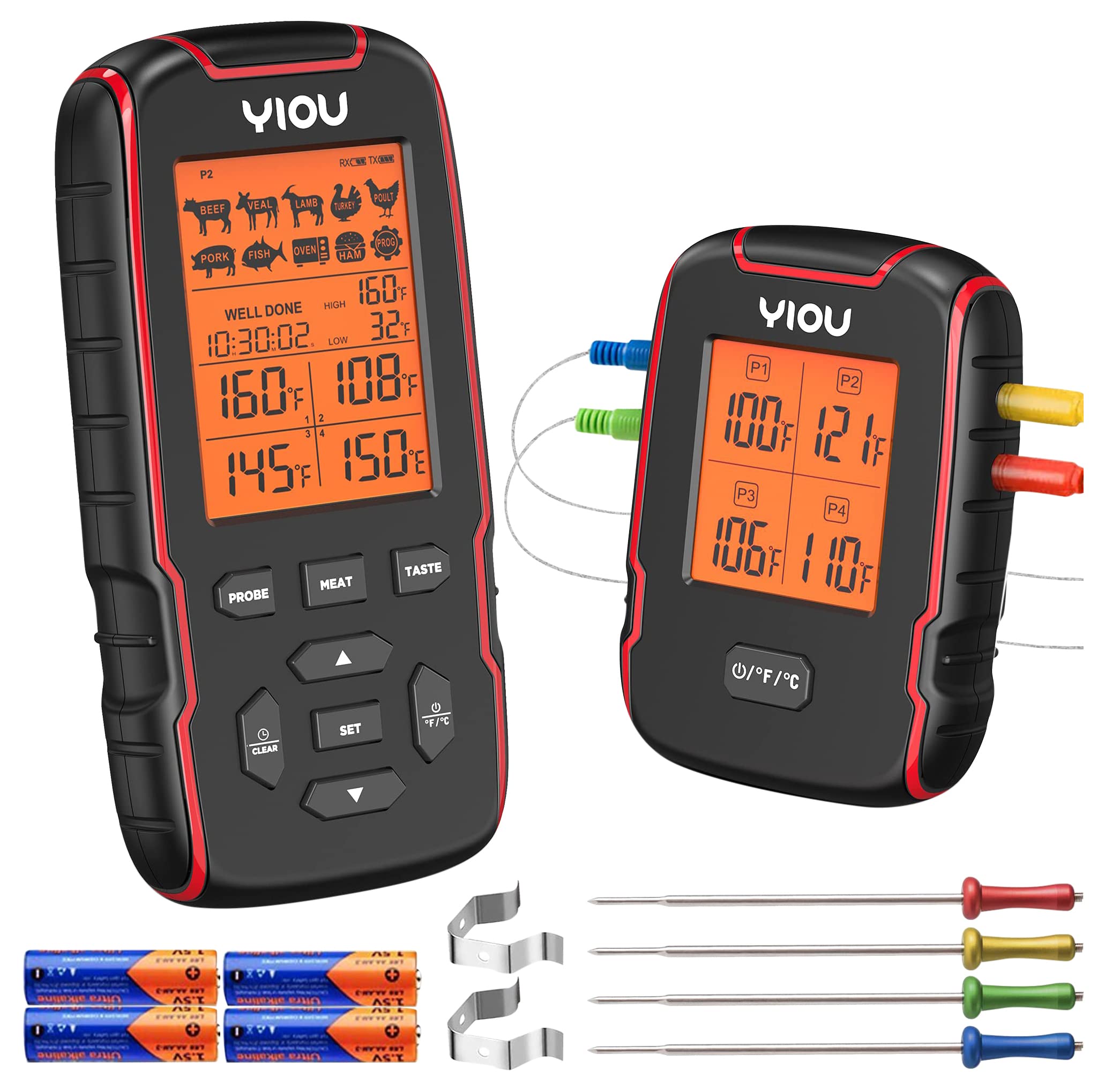 YIOU Wireless Meat Thermometer for Grilling, Smoking & BBQ - Digital Cooking Thermometer with 4 Probes, 500FT Long Range, Fast & Accurate Food Thermometer for Oven, Grill, Smoker - Perfect for Steak, Turkey, Chicken & Home Cooking