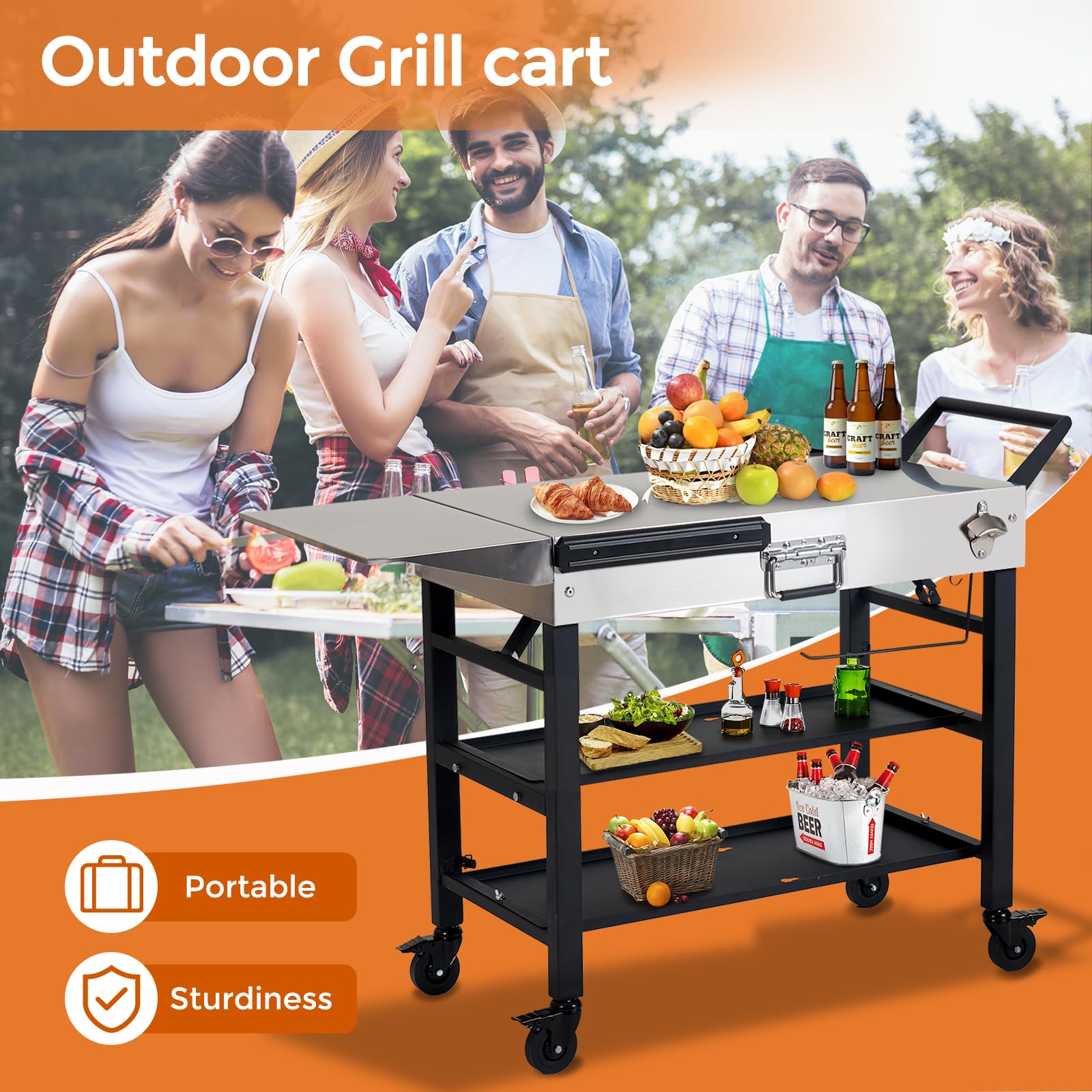 Stainless Steel Portable Outdoor Grill Cart with Wheels - Foldable BBQ Table 41x17 Inch, 2-Tier Storage Rack for Blackstone Griddle 17/22in, Ninja Woodfire Grill & Pizza Oven - Perfect for Backyard, Camping & Tailgating Parties