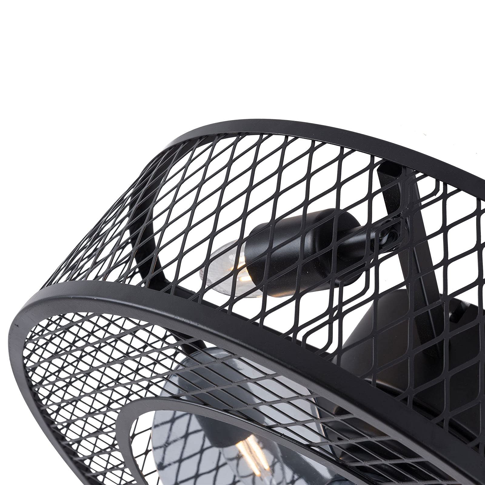 18 Inch Black Iron Caged Ceiling Fan with Light - 3 Speed Adjustable Remote Control, Low Profile Flush Mount Chandelier (4xE27 Bulb Base) - Perfect for Bedroom, Living Room, Kitchen and Office Spaces