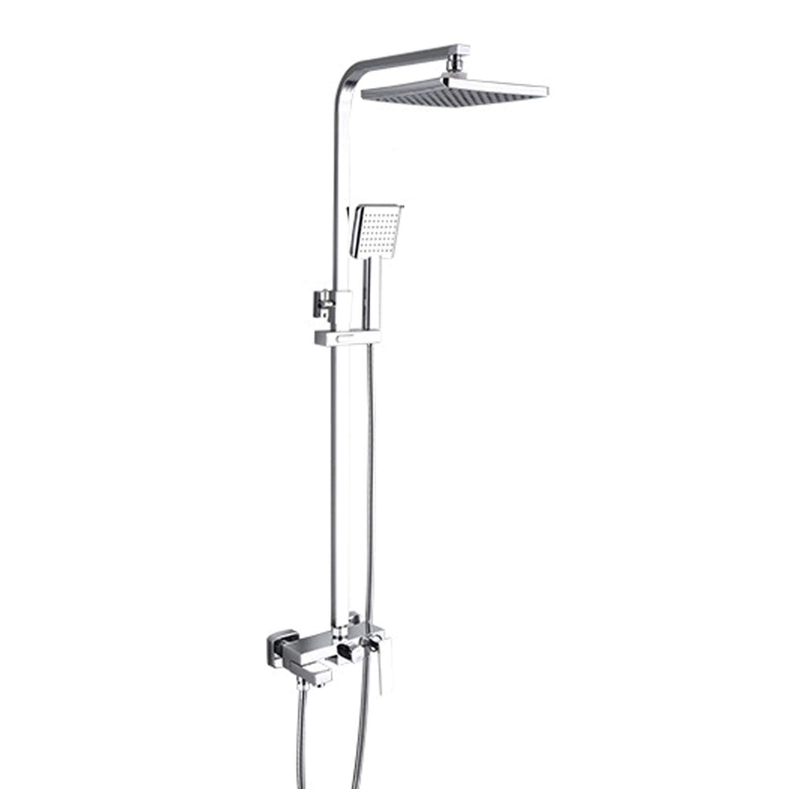 GELISURE Rainfall Adjustable Height Wall Mounted Shower System - Brass Shower Set with Overhead Shower Head, Shelf Tap & Chrome Mixer - Modern Bathroom & Hotel Shower Solution for Spa-Like Experience