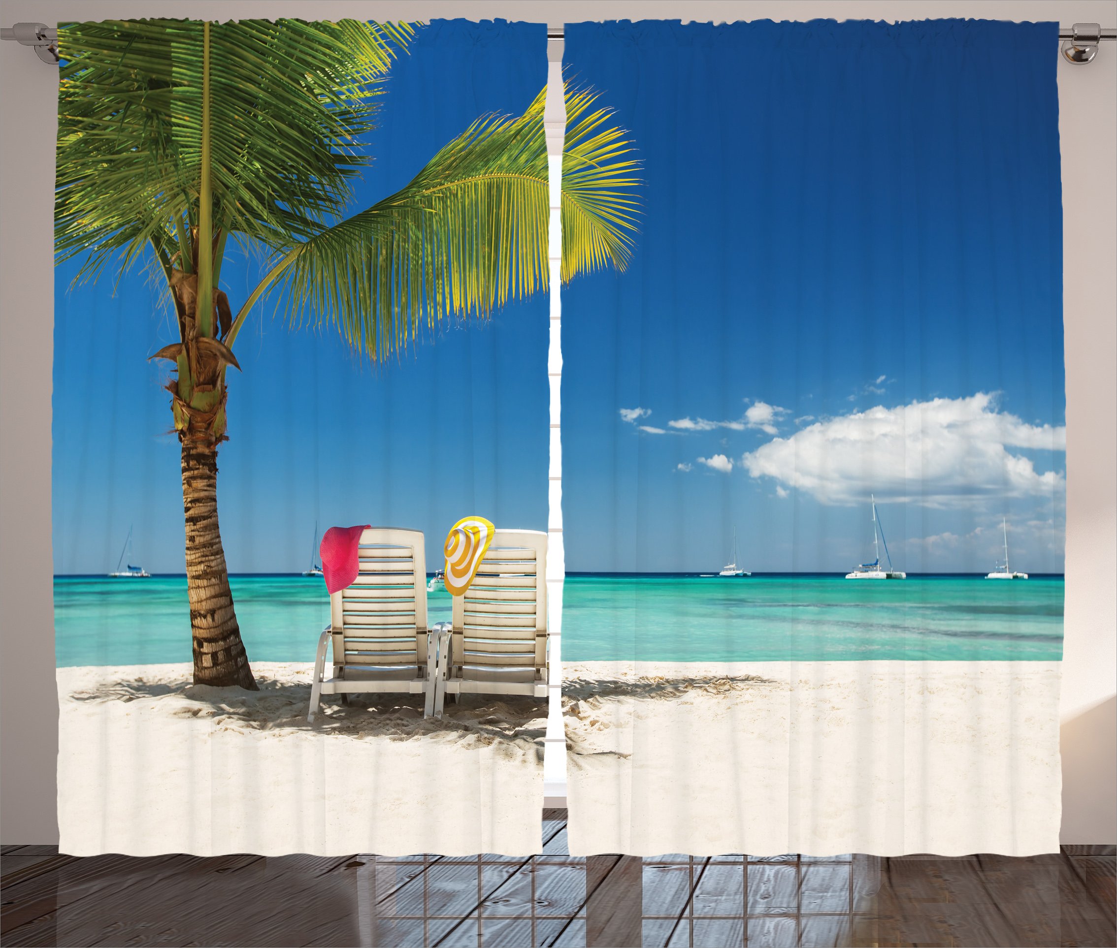 Ambesonne Coastal Beach Curtains - Tropical Vacation Scenery with Palm Trees, Chairs & Boats - 2 Panel Window Drapes for Living Room & Bedroom (108