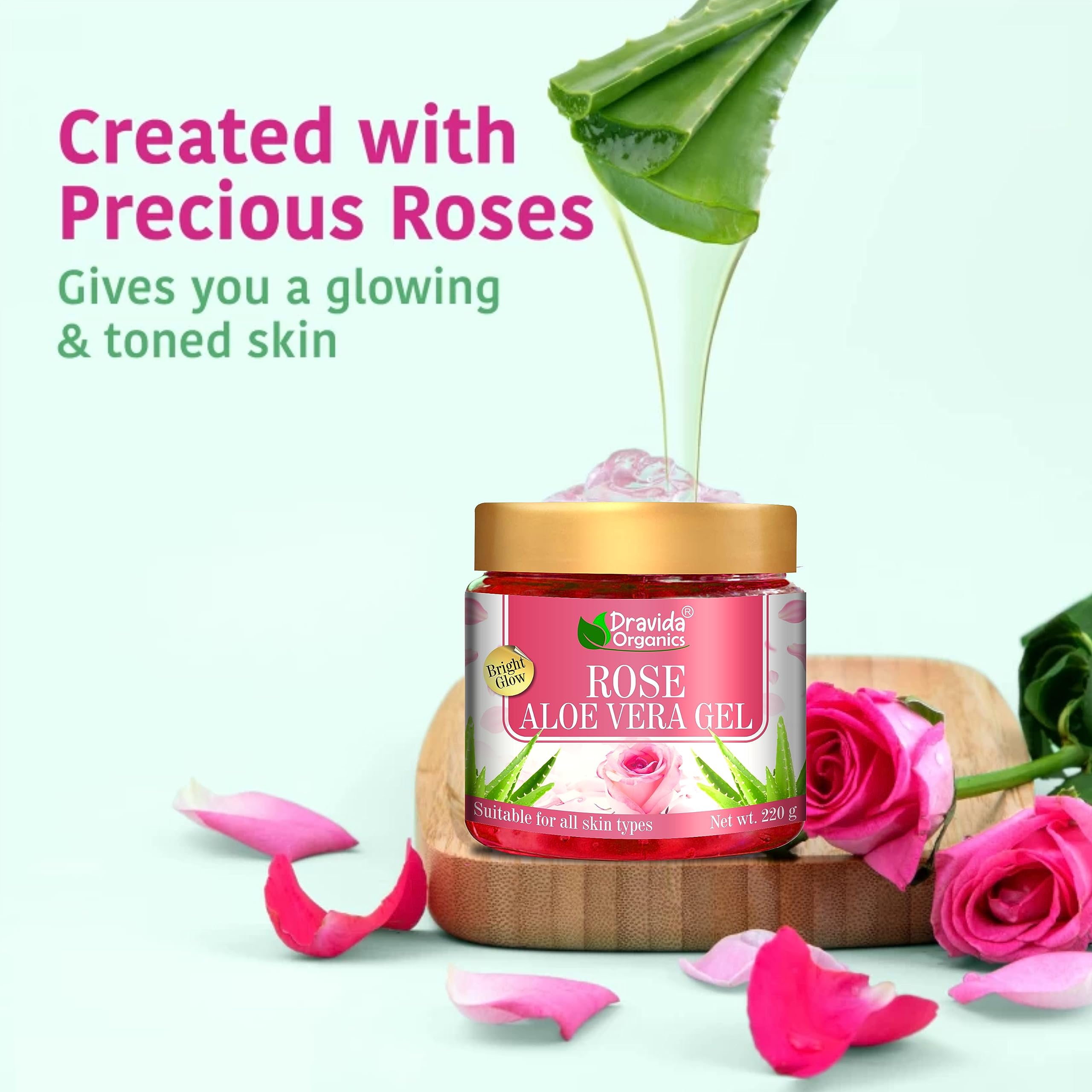Dravida Organics 100% Pure Rose Aloe Vera Gel for Skin & Hair Care - 220gm x 2 Pack | Hydrating, Soothing & Nourishing Face & Body Moisturizer | Perfect for Sunburn Relief, Hair Mask & Daily Skincare Routine