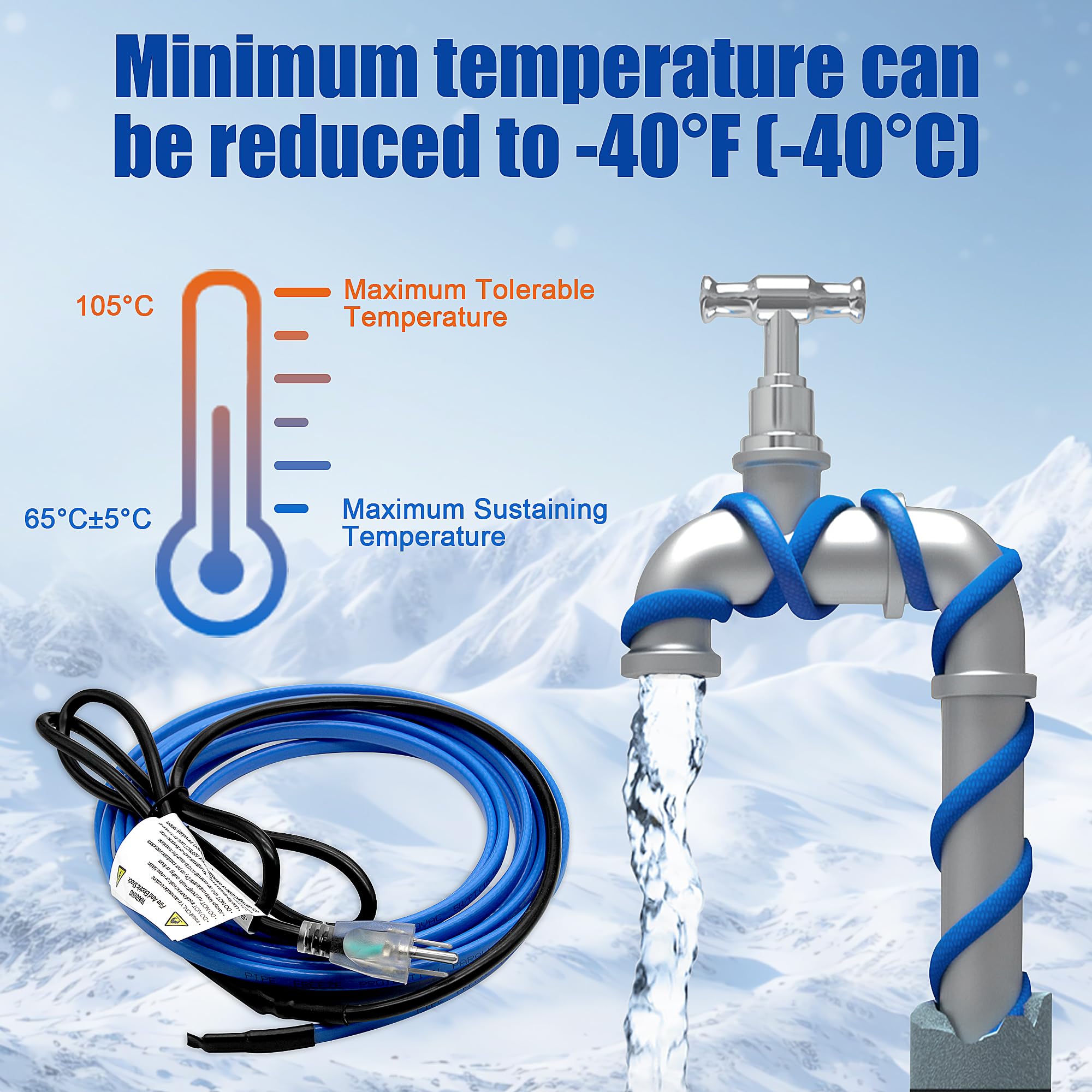 Self-Regulating Heat Tape for Pipe Freeze Protection - 15FT Water Pipe Heating Cable for Metal & Plastic Pipes | Indoor/Outdoor Use for Home, RV & Garden Pipes in Winter
