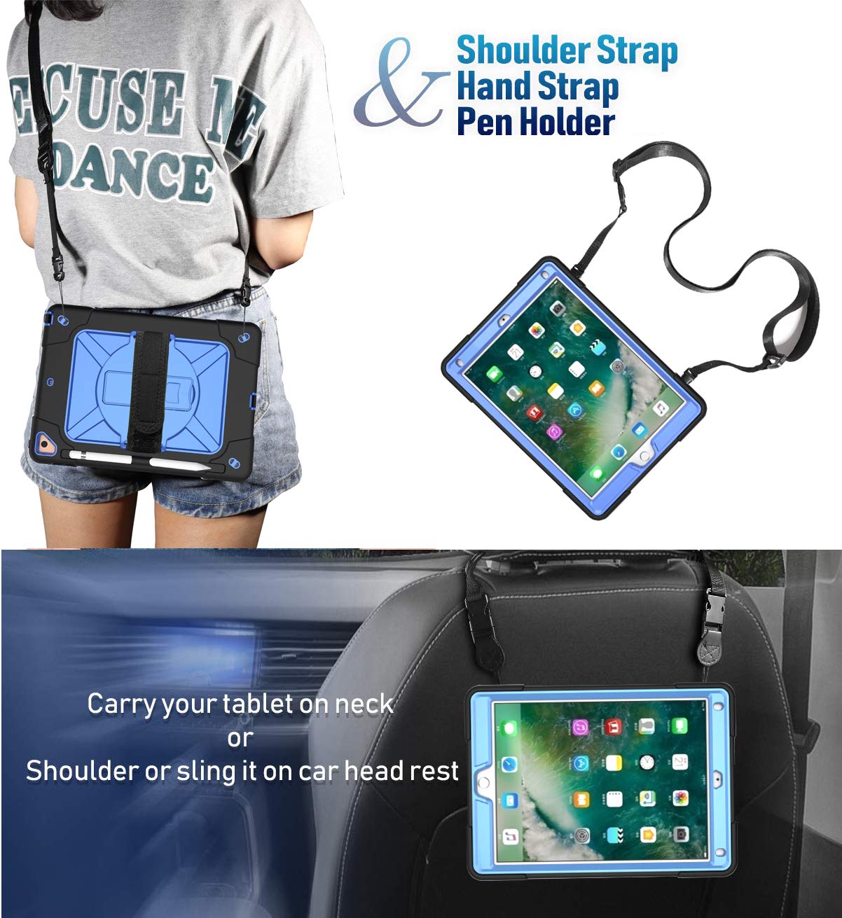360 Rotating Handle Stand Case for iPad Air 2/Pro 9.7 (2016) & iPad 6th/5th Gen (2017/2018) - Shockproof with Kickstand, Pencil Holder & Shoulder Strap (Black+Blue) | Perfect for Work, Travel & School Use