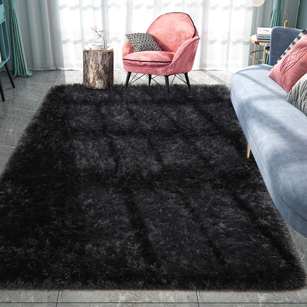Luxury Fluffy Shag Area Rug - Soft Plush Furry Carpet for Bedroom, Living Room, Nursery & Kids Room - 5x8.1 Feet Black Fuzzy Rug - Perfect for Home Decor, Cozy Floor Mat & Instagram-Worthy Interior Design