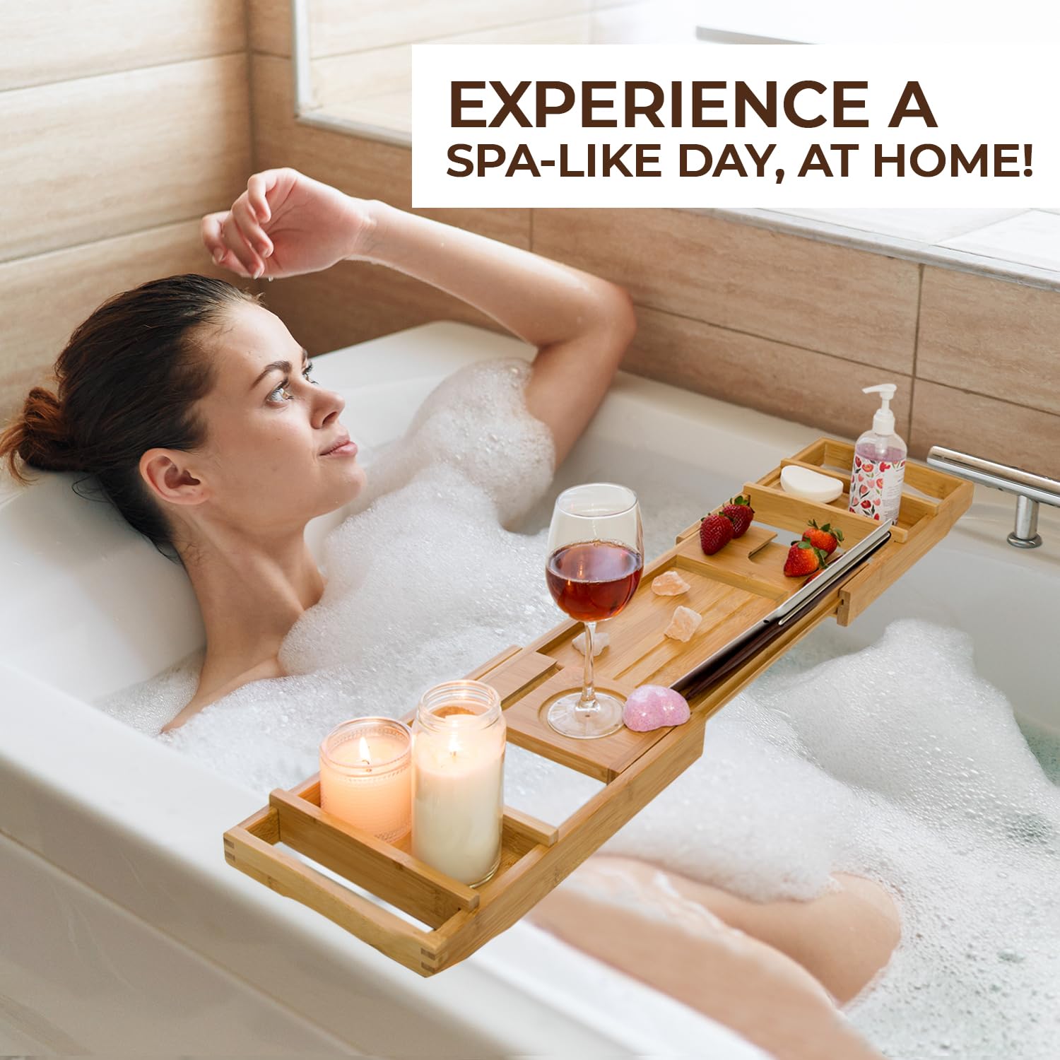Premium Bamboo Bathtub Tray Caddy - Expandable Foldable Bath Tray for Relaxation - Unique Housewarming, Anniversary & Wedding Gift for Couples - Perfect for Reading, Wine, Candles & Spa Nights