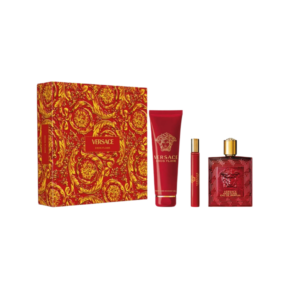 Eros Flame 3 Piece Eau de Parfum Gift Set - 100ml Perfume for Men - Long Lasting Fragrance with Spicy Notes - Perfect for Date Night, Special Occasions & Gifting