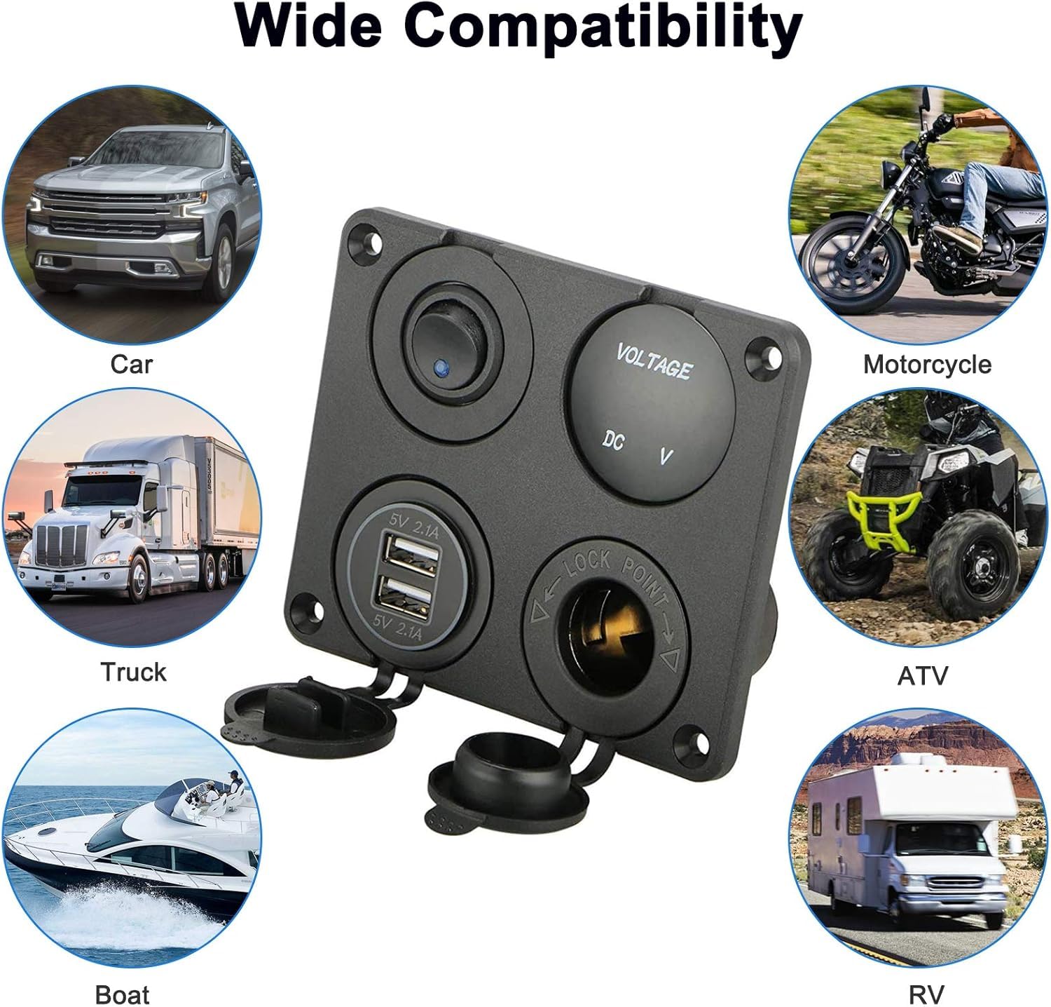 SUNJOYCO 4-in-1 Car Charger Socket Panel with Dual USB Ports, 12V Cigarette Lighter, LED Voltmeter & ON/OFF Switch - Perfect for Road Trips, Camping & Vehicle Power Needs