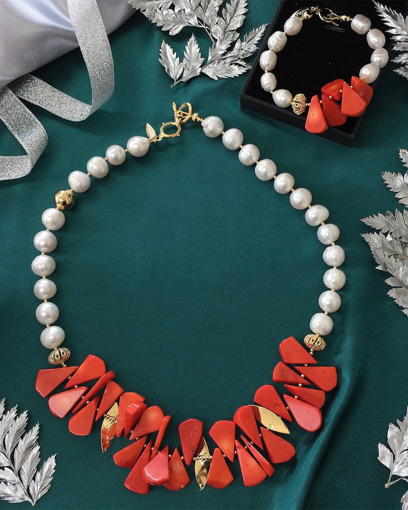 Elegant Floral Coral & Freshwater Pearl Statement Necklace MN057 - Perfect for Weddings, Parties & Special Occasions