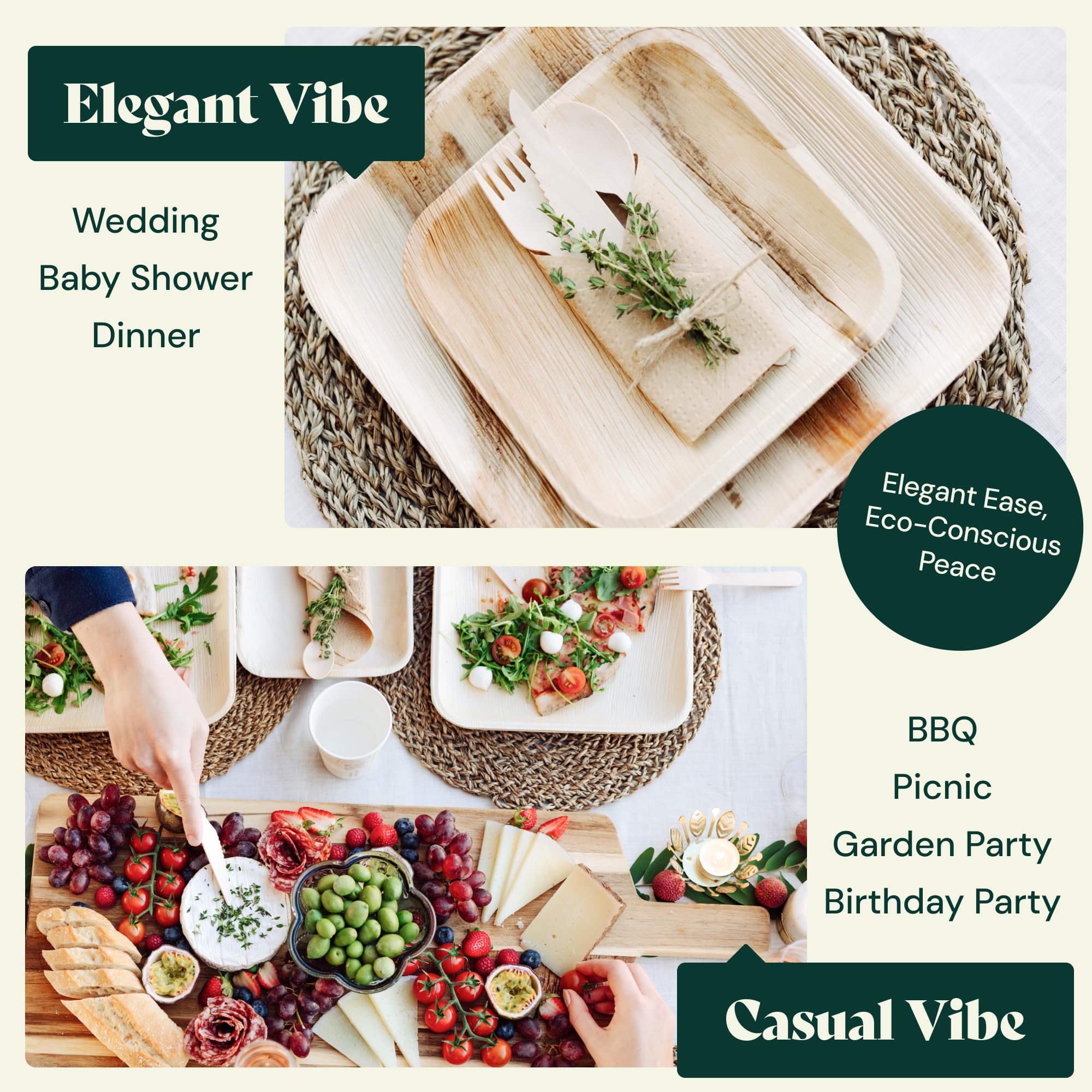 Eco-Friendly 10 Inch Square Palm Leaf Plates - 50 Pack Biodegradable & Compostable Dinner Plates for Wedding, Party, BBQ & Picnic - Sustainable Disposable Tableware for Eco-Conscious Events