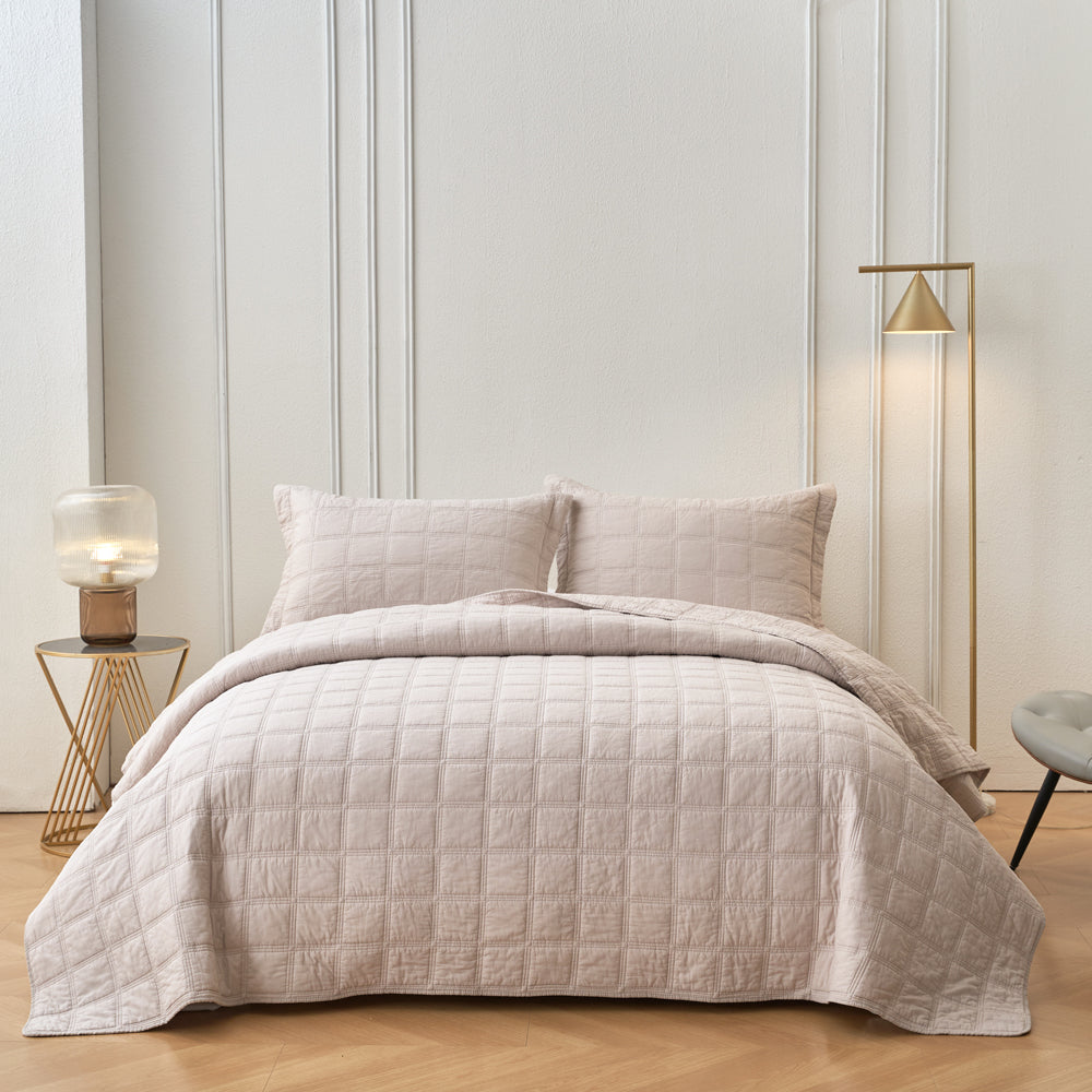 Embroidered Square Light Sand Coverlet - Super King Size Bedspread for Luxury Bedroom Decor | Perfect for Master Bedroom, Guest Room, and Hotel Use