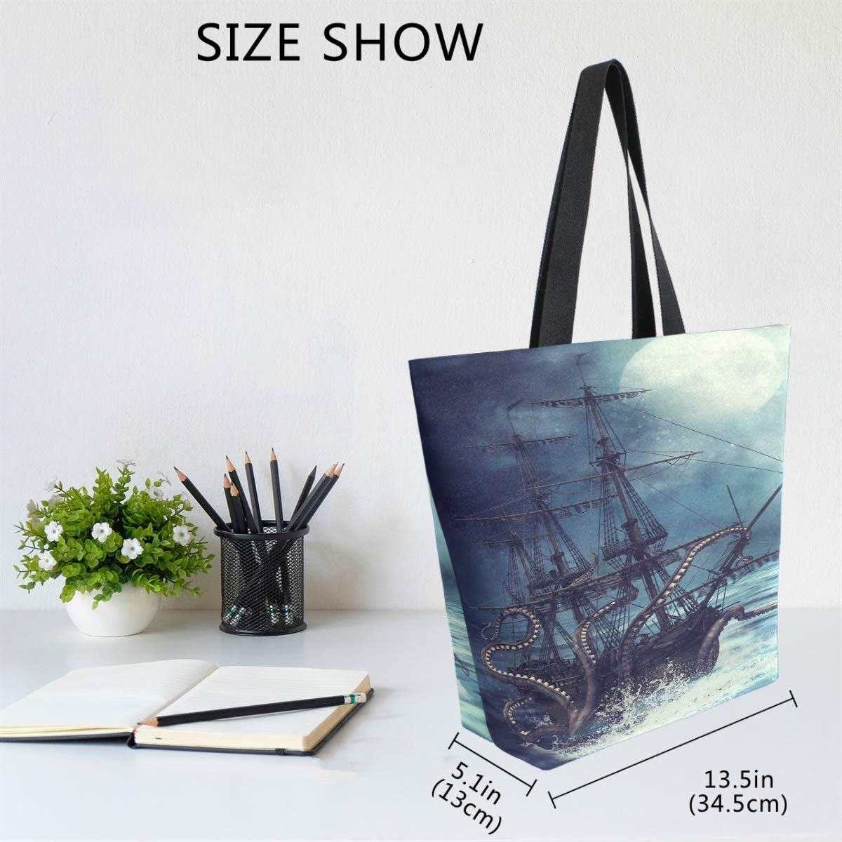 Ocean Sea Canvas Tote Bag for Women - Large Reusable Pirate Ship & Octopus Print Cotton Shopping Bag, Heavy Duty Grocery Tote for Beach, Travel, and Outdoor Activities