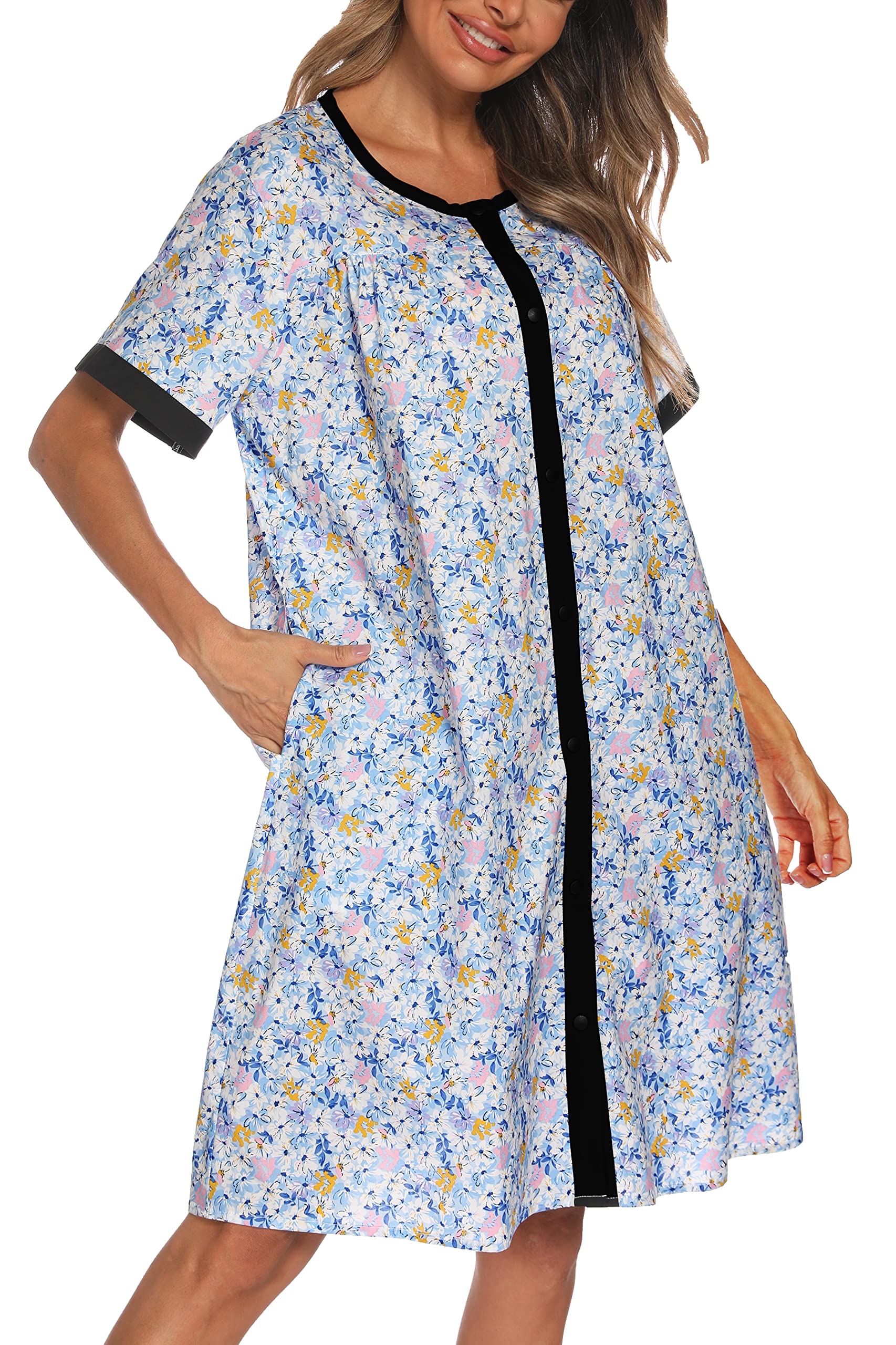 YOZLY Women's Short Sleeve House Dress - Comfortable Duster Robe & Moomoo Nightgown with Pockets | Perfect for Lounging, Sleeping & Home Wear