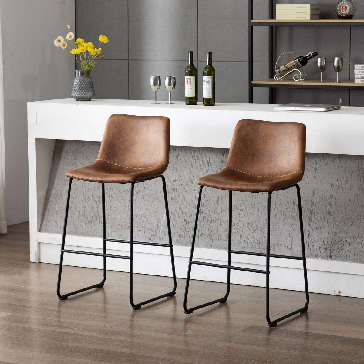 Vanity Art Set of 2 Synthetic Leather Barstools - Armless Upholstered Dining Chairs with Sturdy Metal Legs, Brown (UC-13HBRN) - Perfect for Kitchen Islands, Breakfast Bars & Small Space Dining